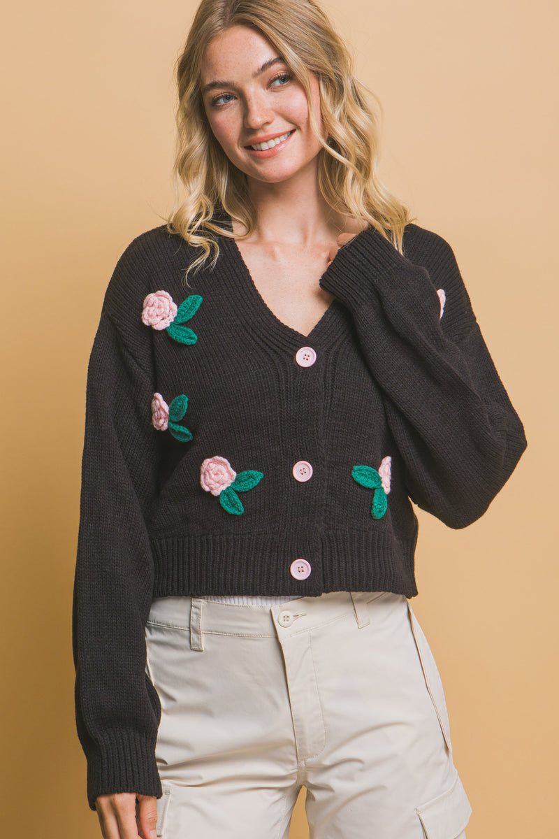 Black Mid Cropped Flower Cardigan