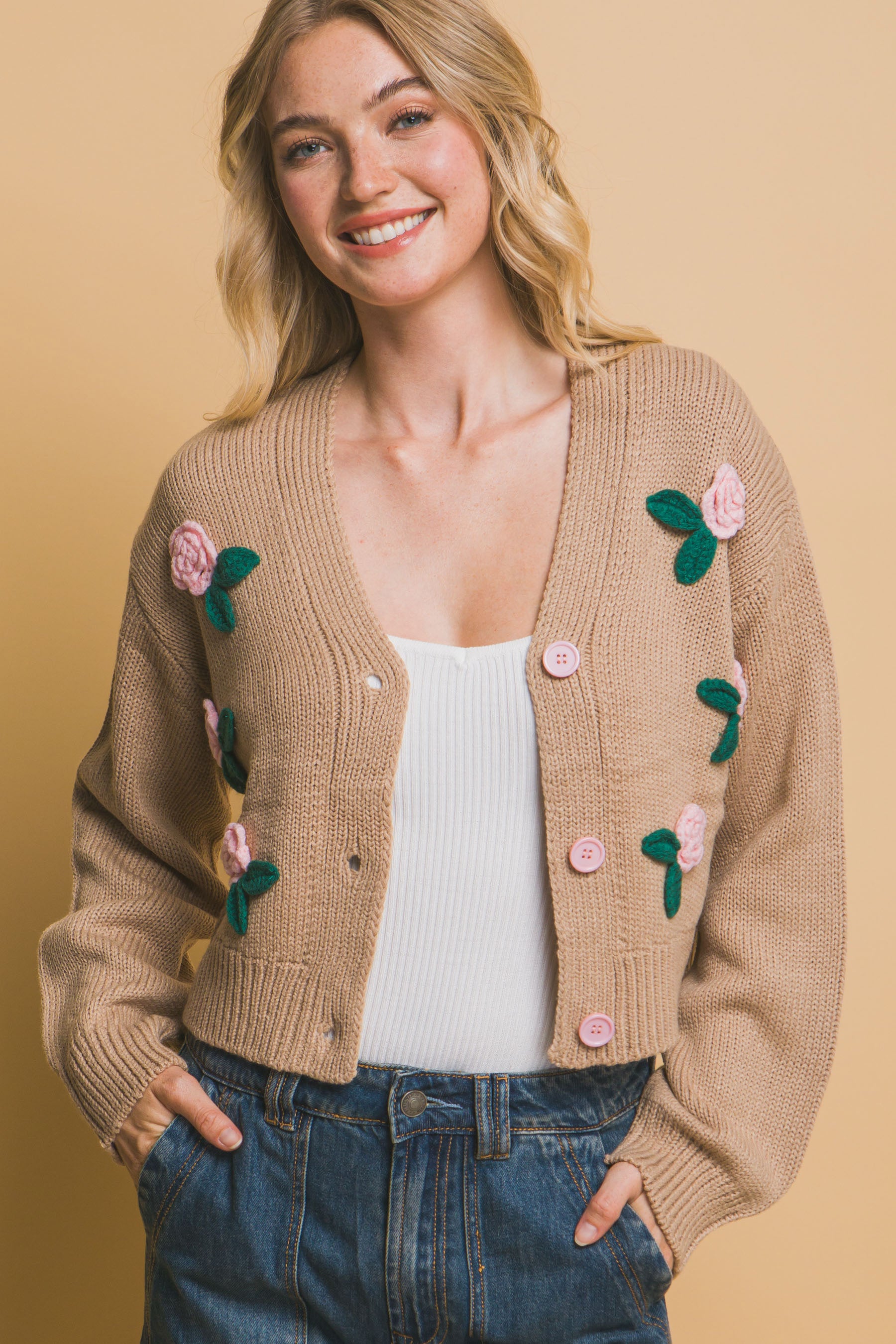 Khaki Mid Cropped Flower Cardigan