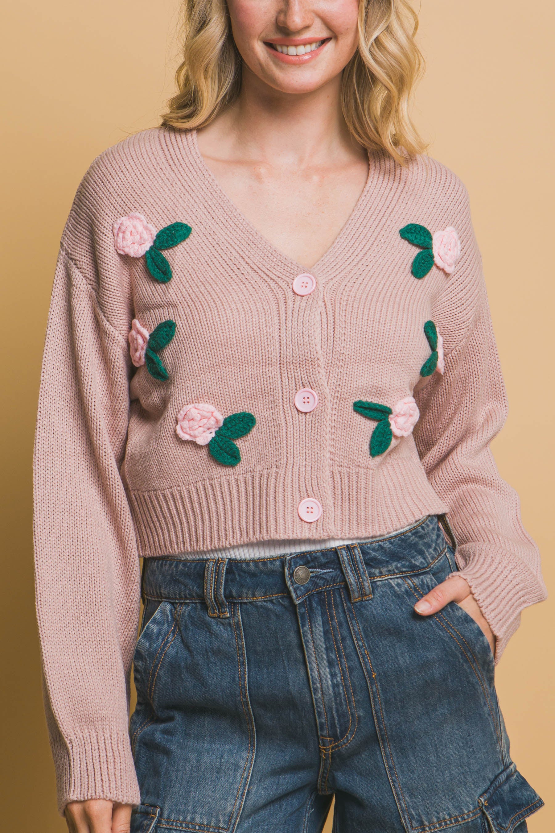 Pink Stone Mid Cropped Flower Cardigan