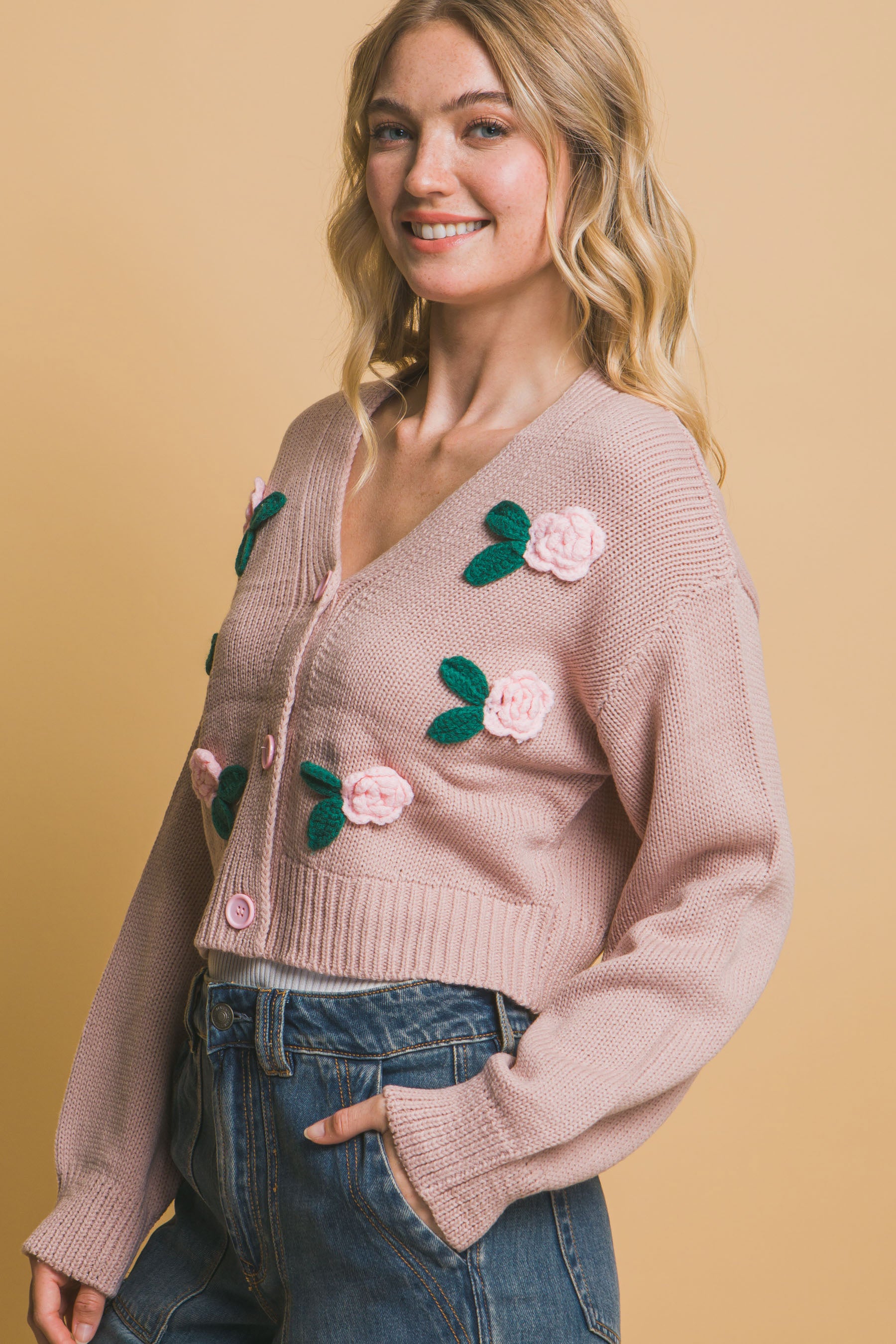 Pink Stone Mid Cropped Flower Cardigan