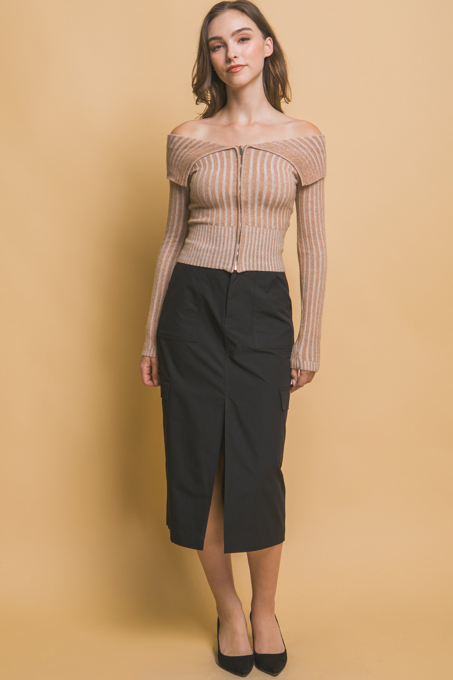 Ribbed Bardot Zip Up Long Sleeve Top