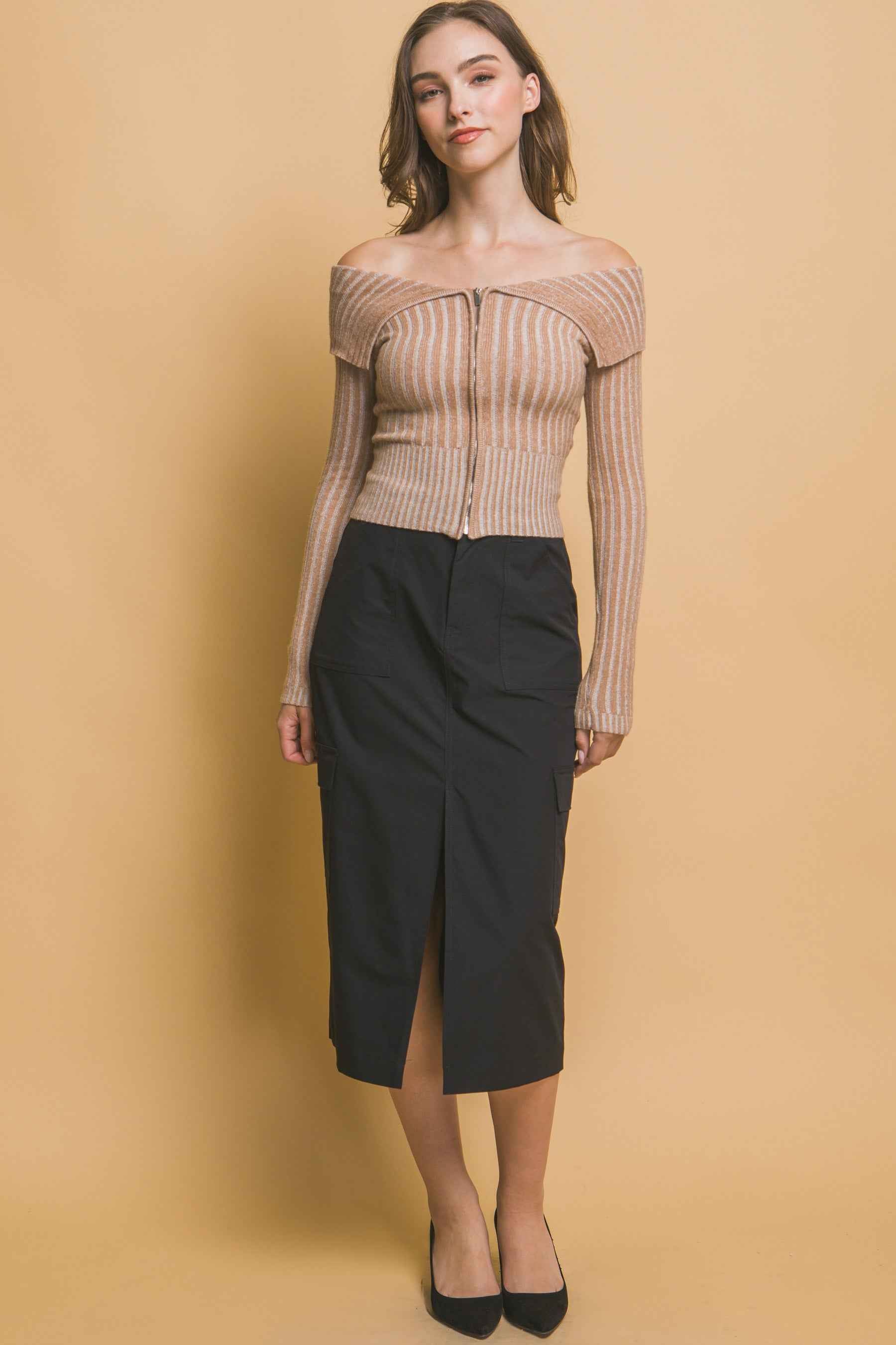 Ribbed Bardot Zip Up Long Sleeve Top