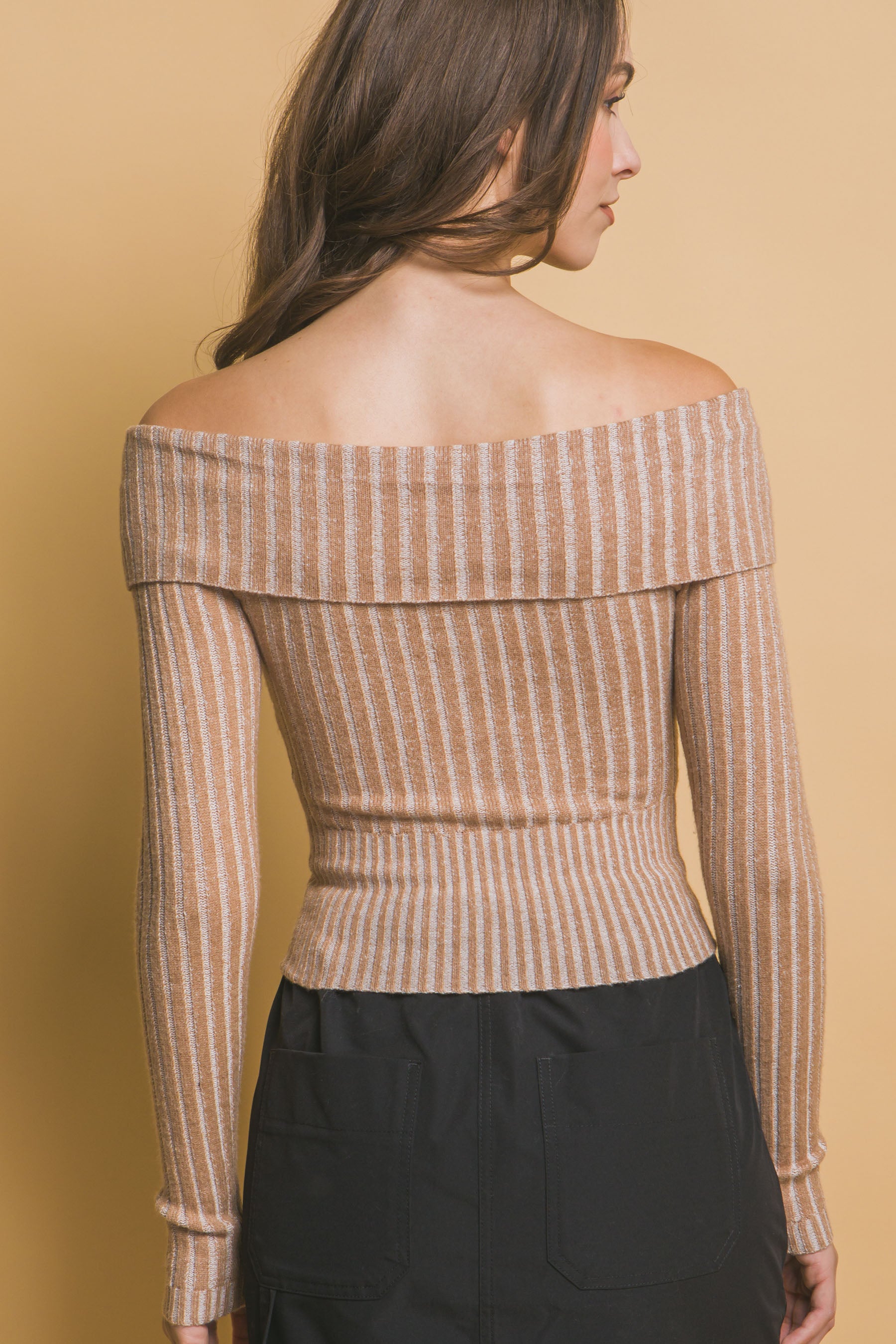Ribbed Bardot Zip Up Long Sleeve Top