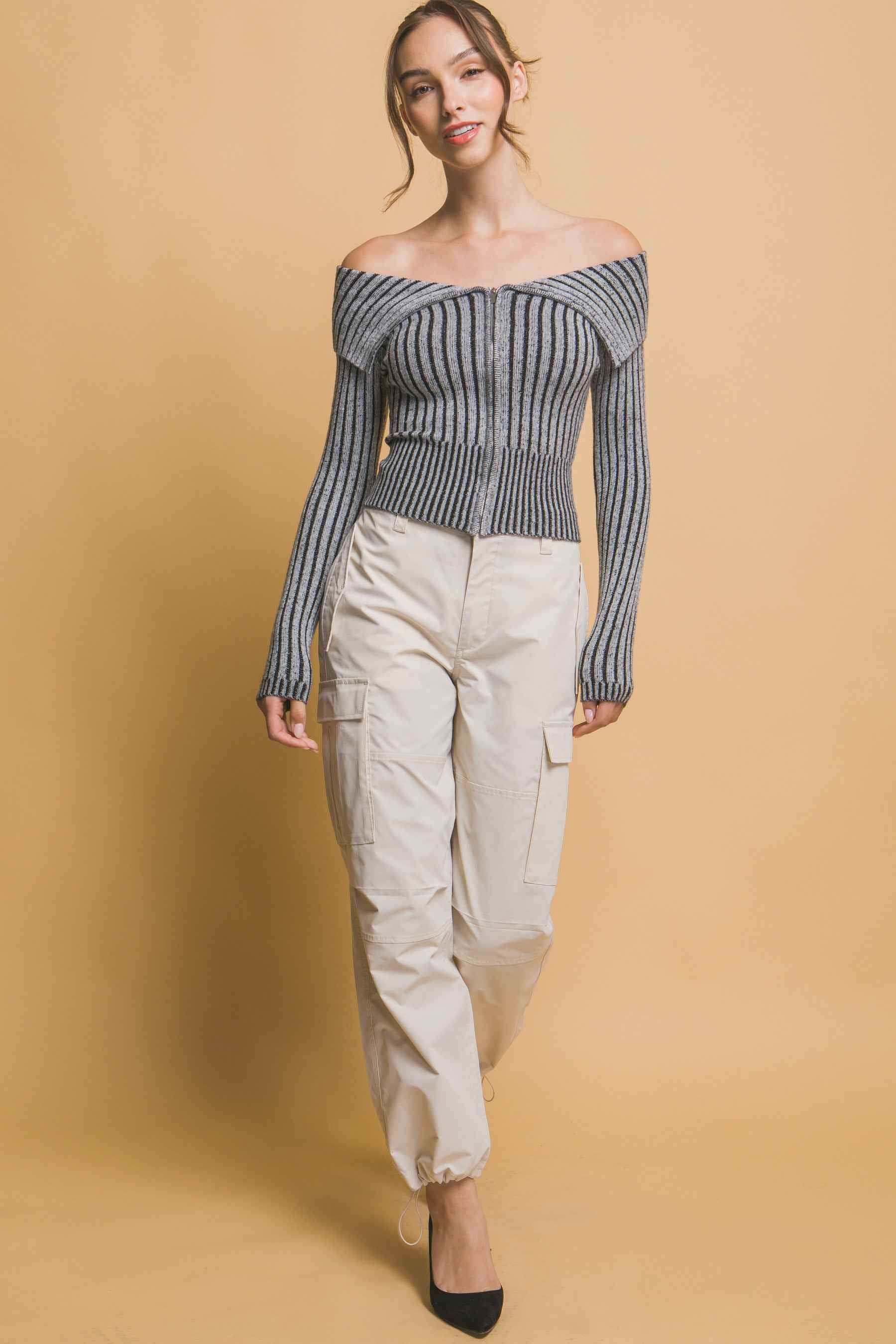 Ribbed Bardot Zip Up Long Sleeve Top
