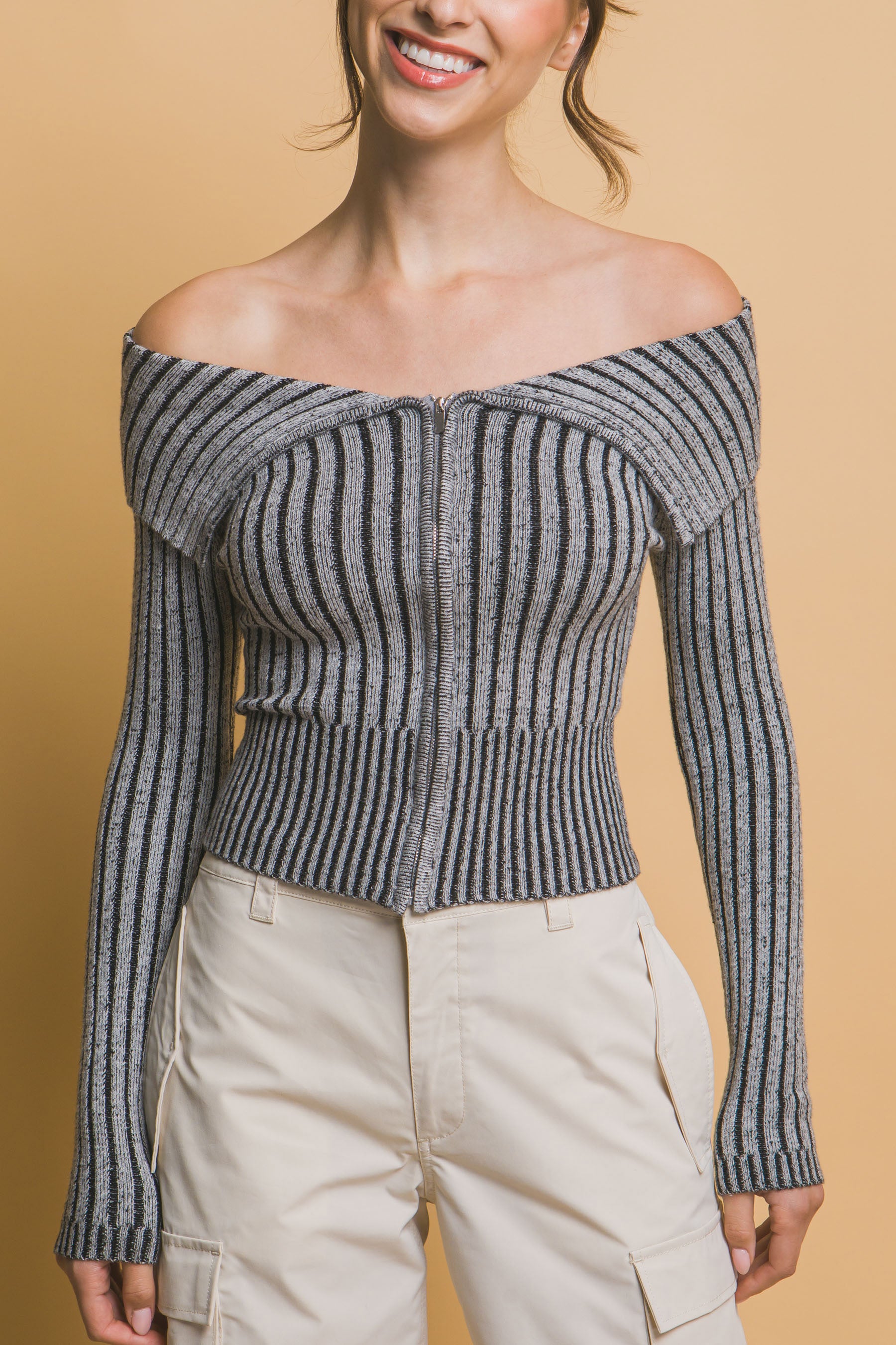 Ribbed Bardot Zip Up Long Sleeve Top