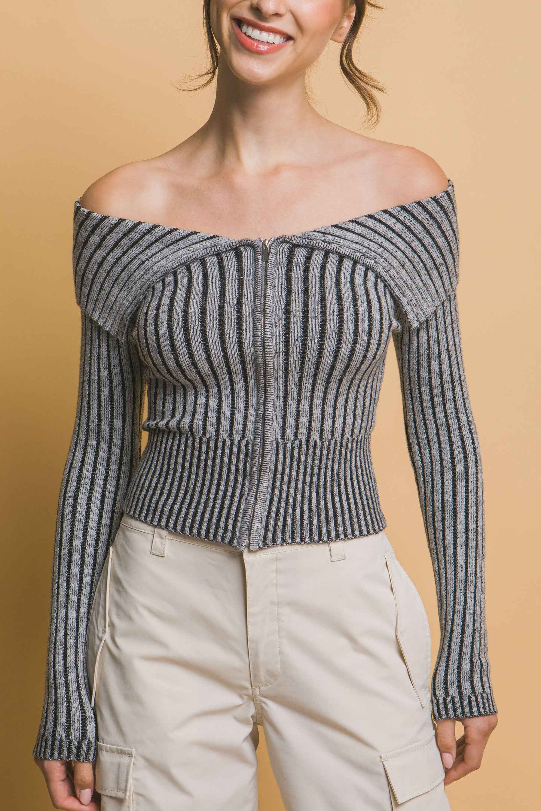 Ribbed Bardot Zip Up Long Sleeve Top