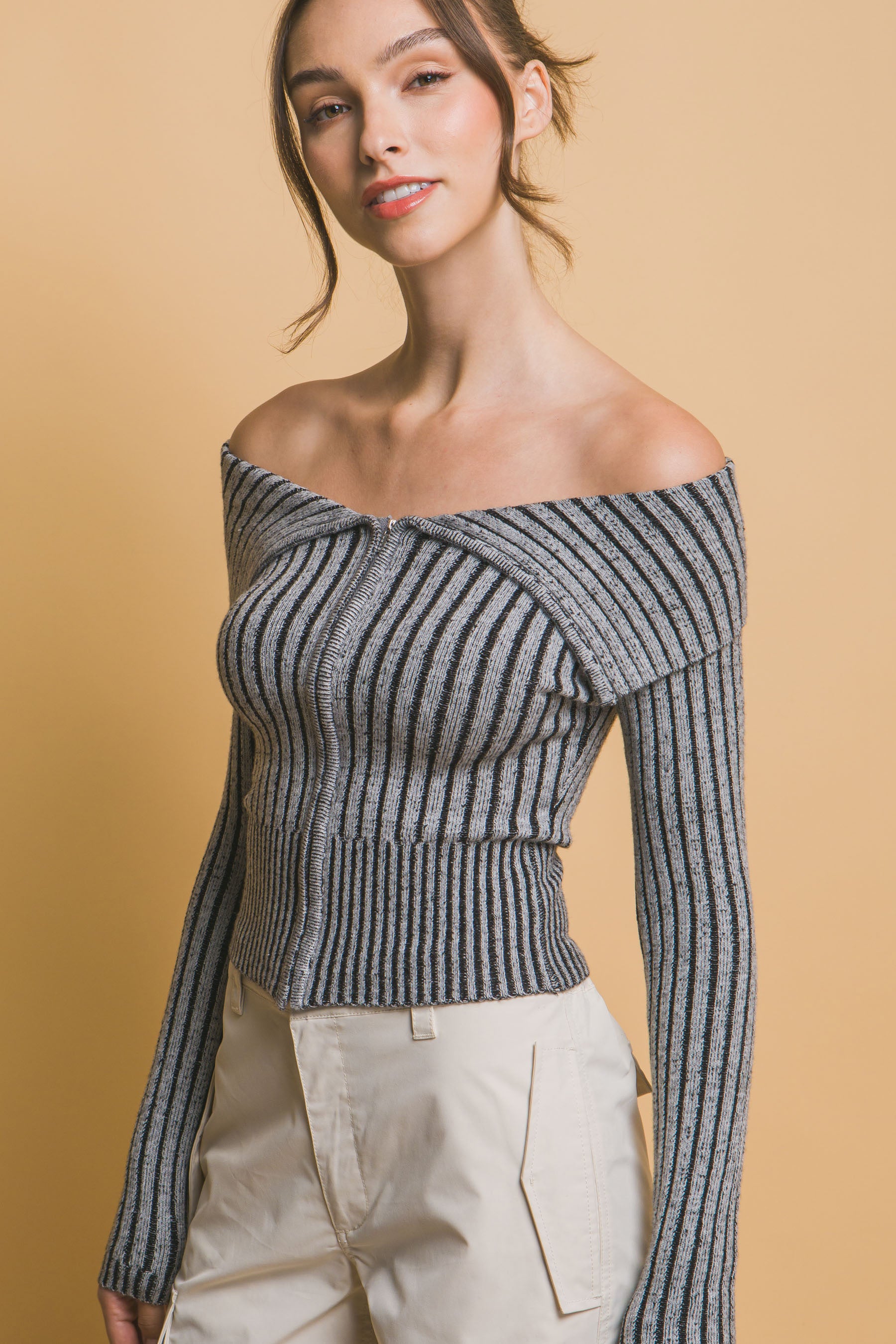 Ribbed Bardot Zip Up Long Sleeve Top
