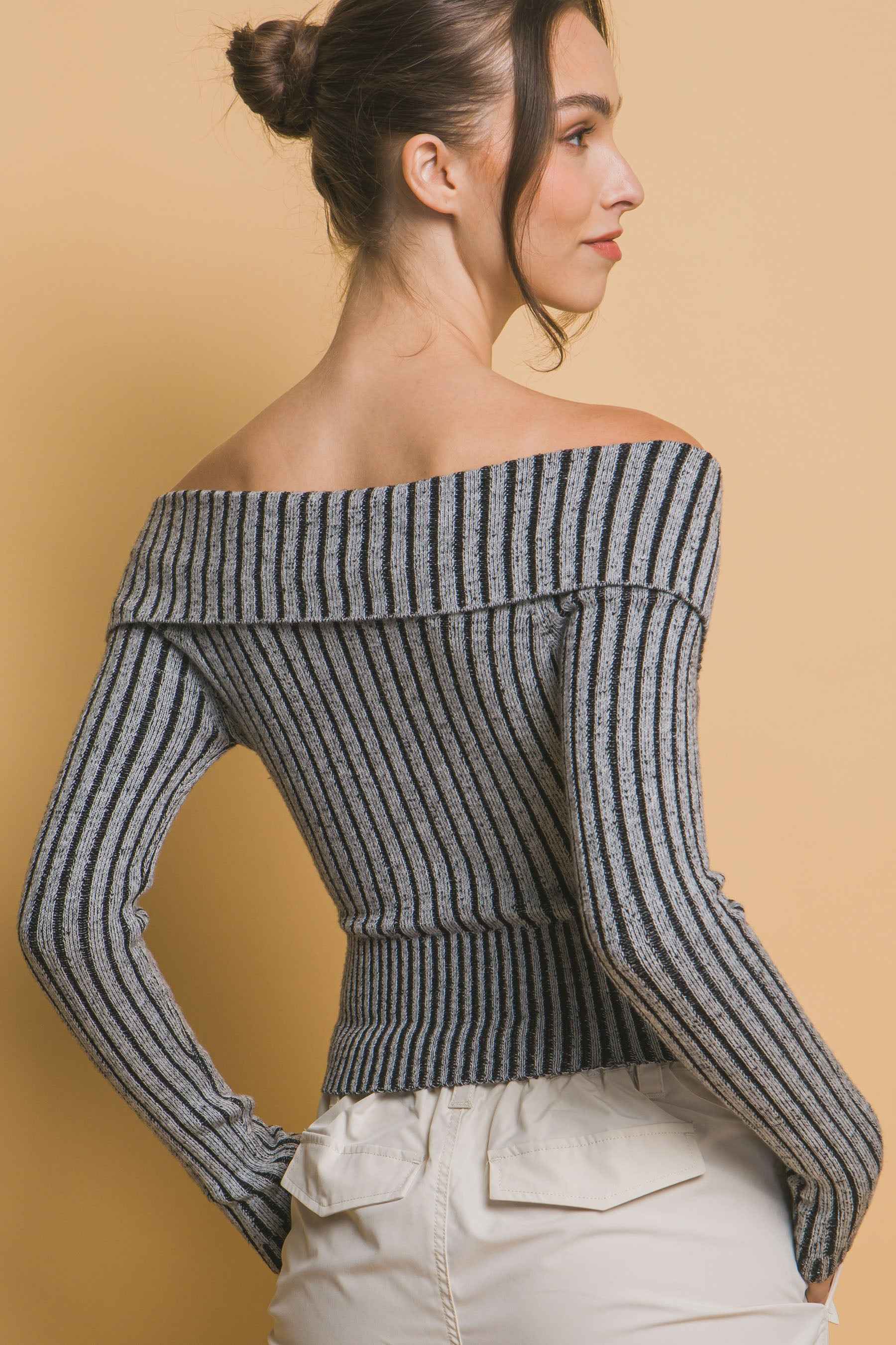 Ribbed Bardot Zip Up Long Sleeve Top