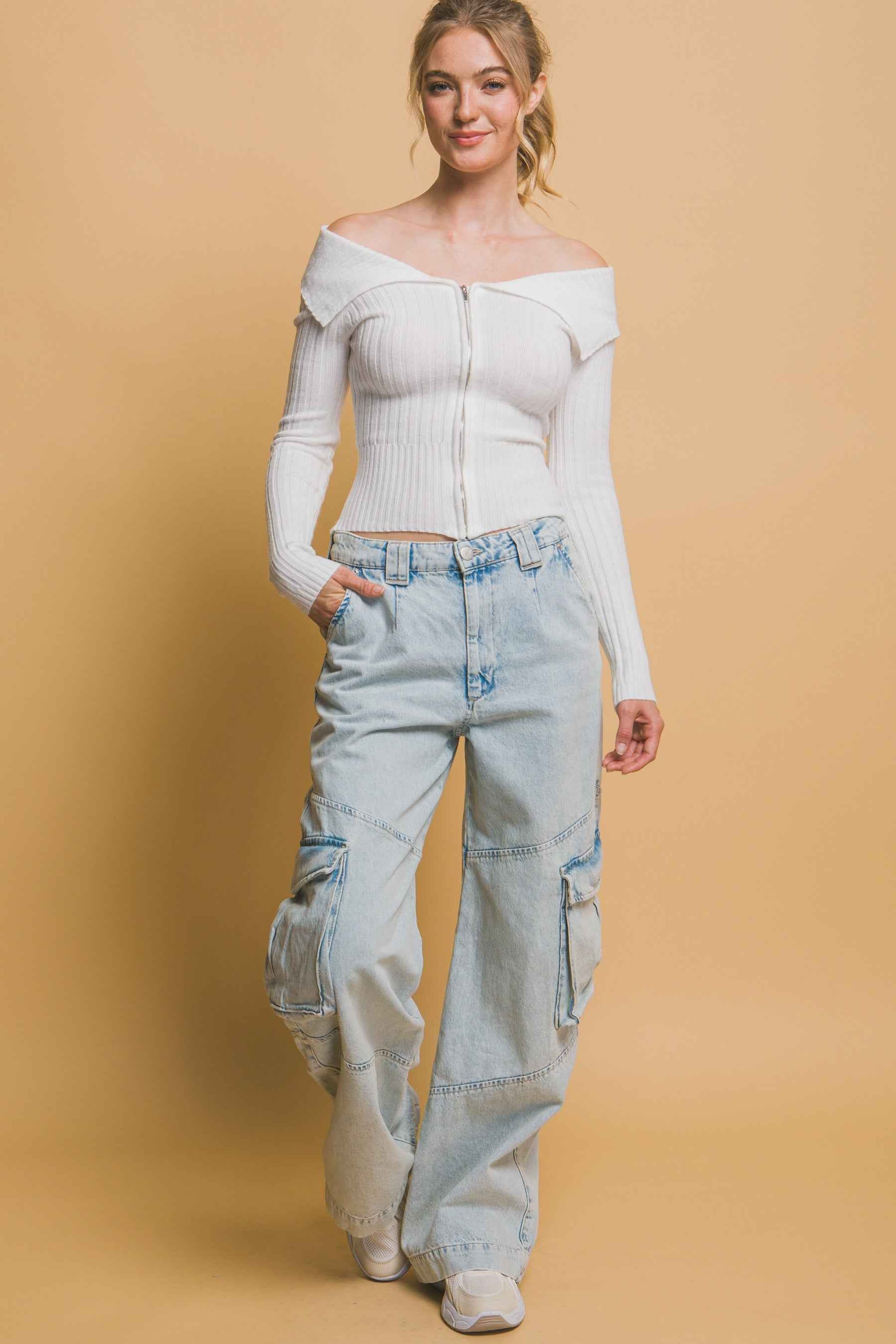 Ribbed Bardot Zip Up Long Sleeve Top