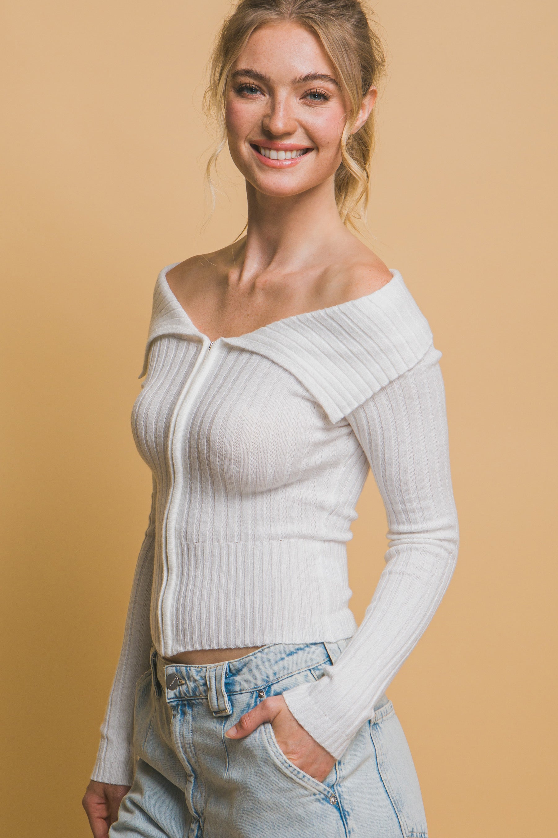 Ribbed Bardot Zip Up Long Sleeve Top