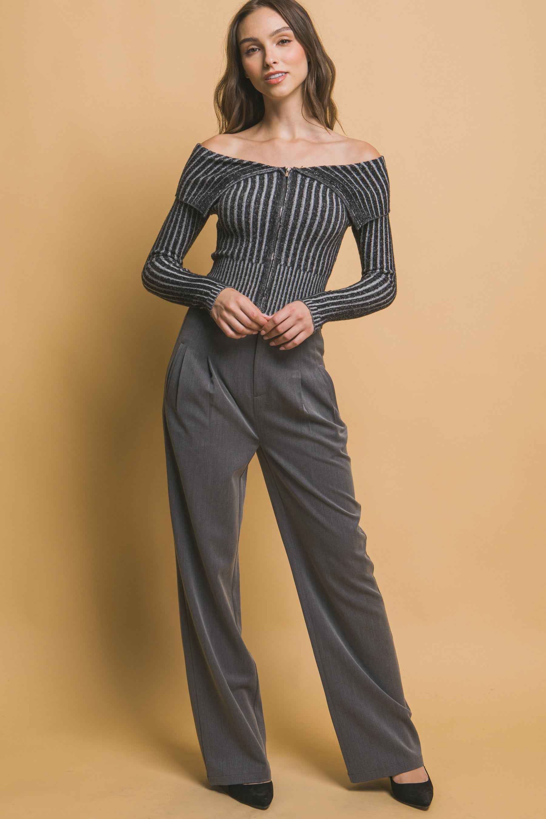 Ribbed Bardot Zip Up Long Sleeve Top