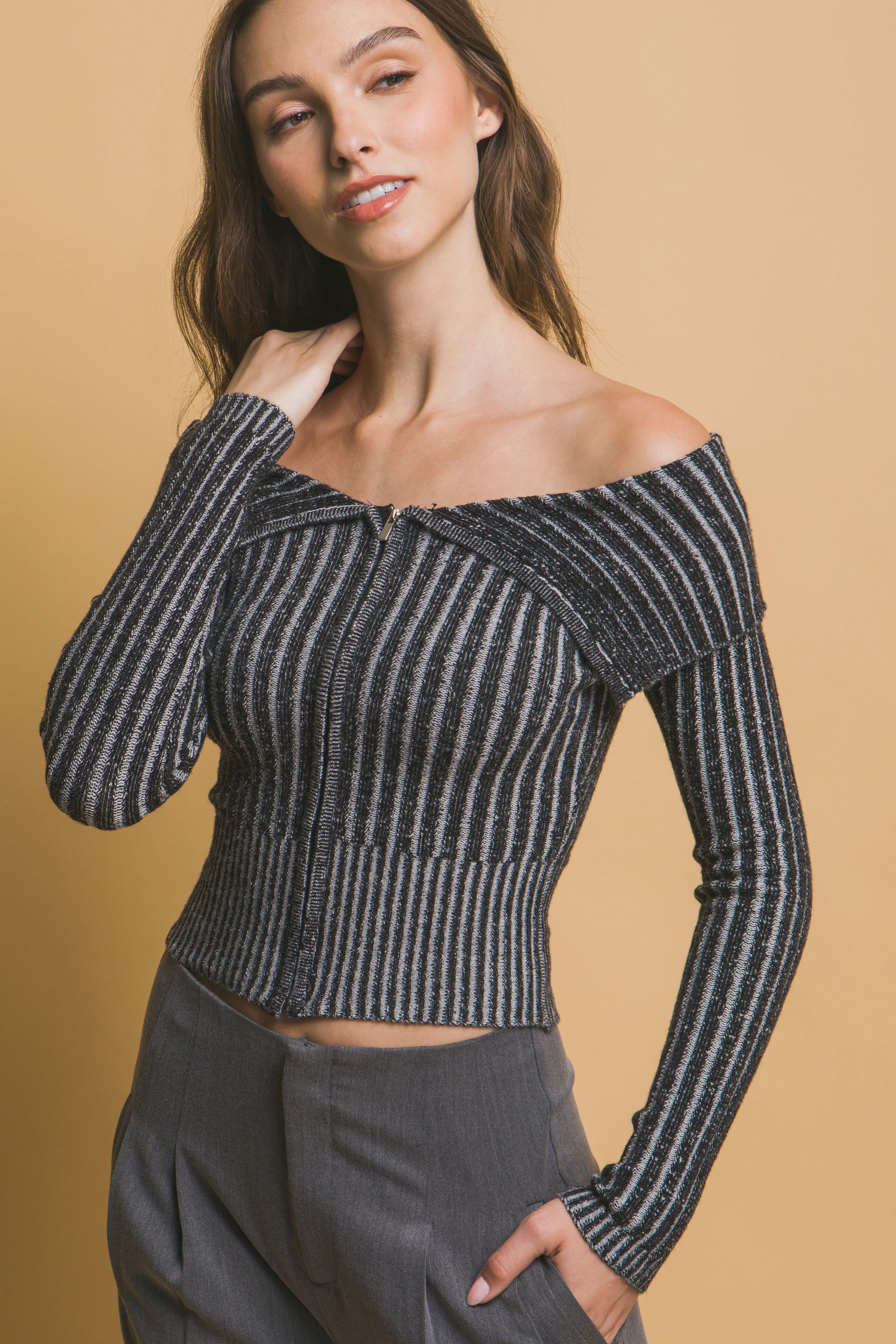 Ribbed Bardot Zip Up Long Sleeve Top