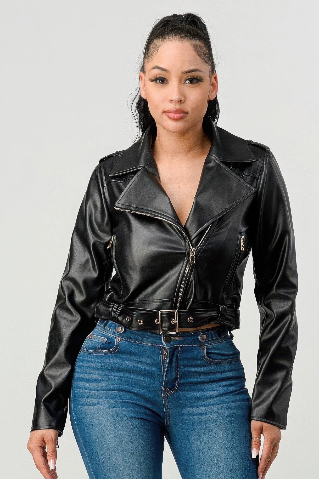 Wide Collar Buckle Belt Pu Leather Jacket