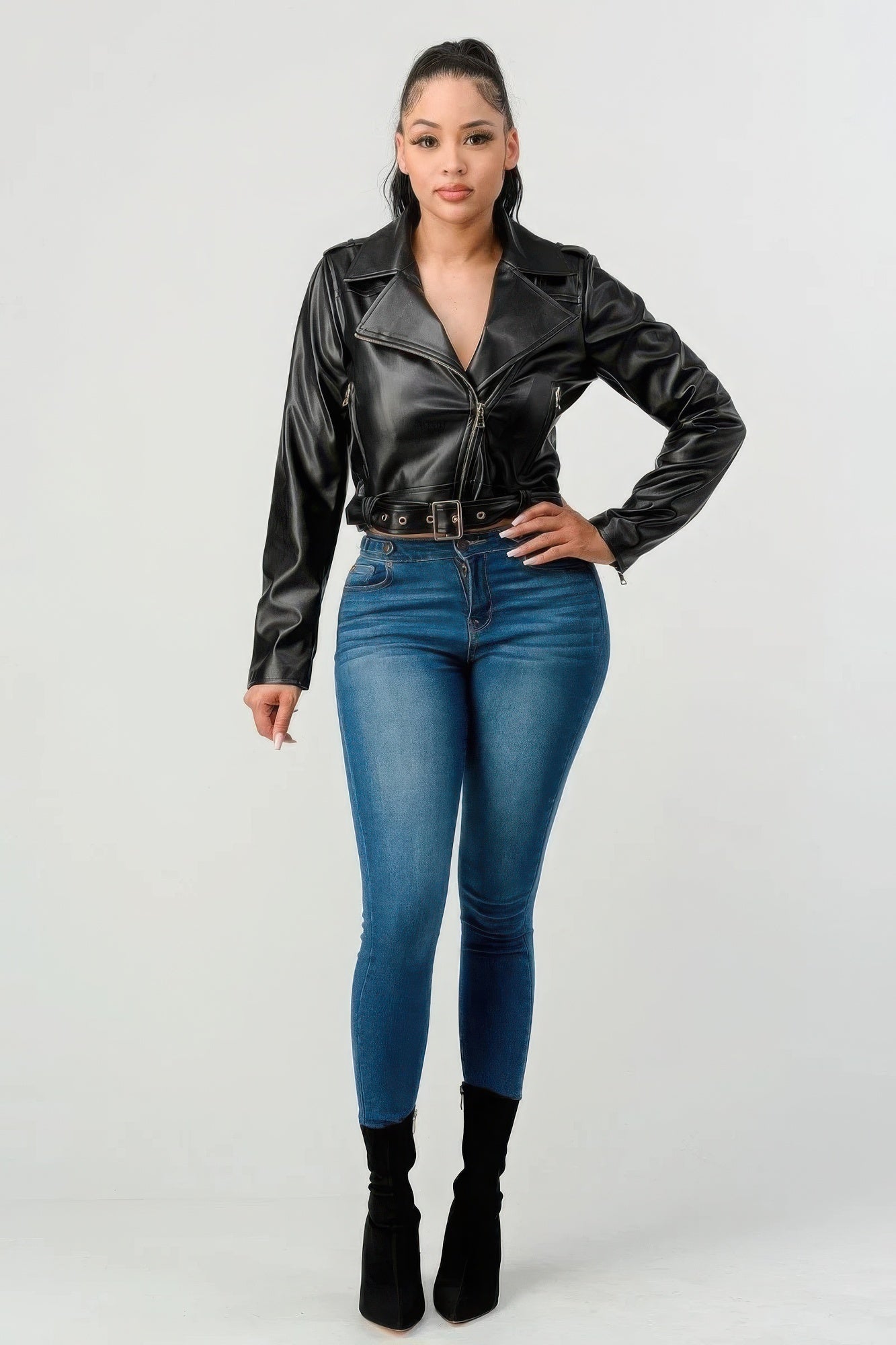 Wide Collar Buckle Belt Pu Leather Jacket
