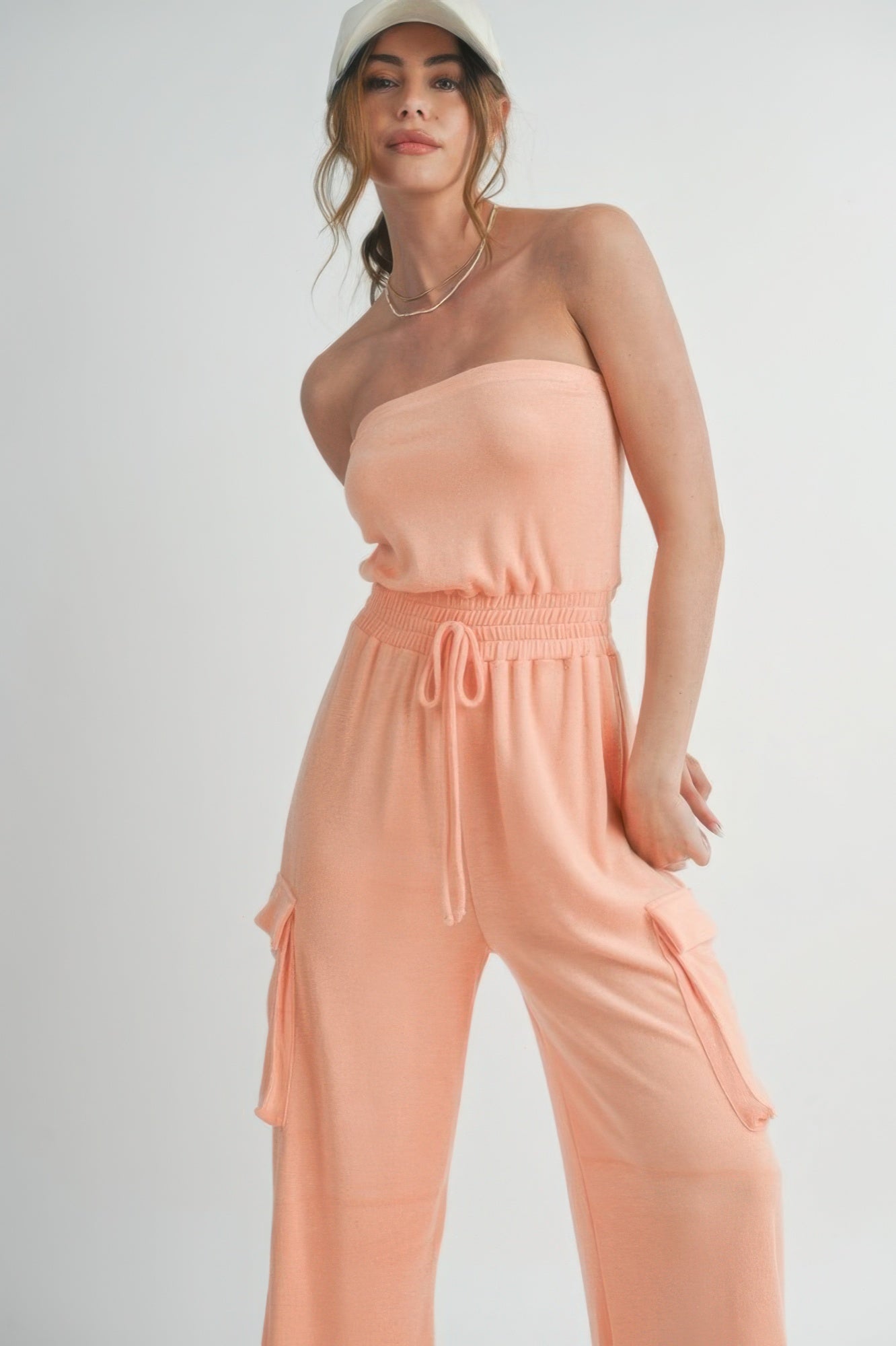 Peach Lightweight Casual Tube Top Jumpsuit Romper