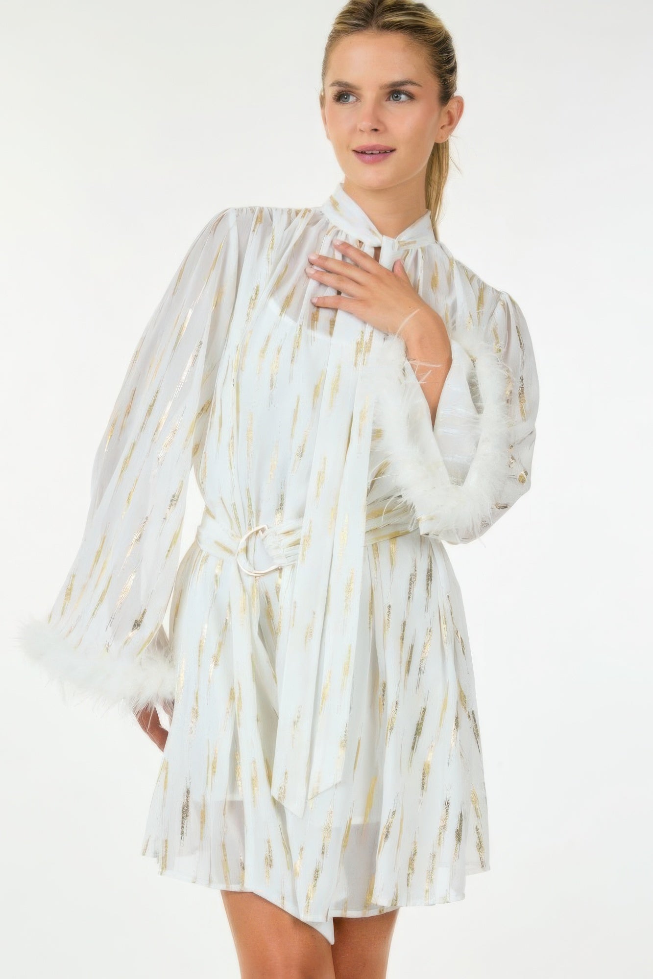 Boa Cuff Metallic Print Waist Belt Mini Dress