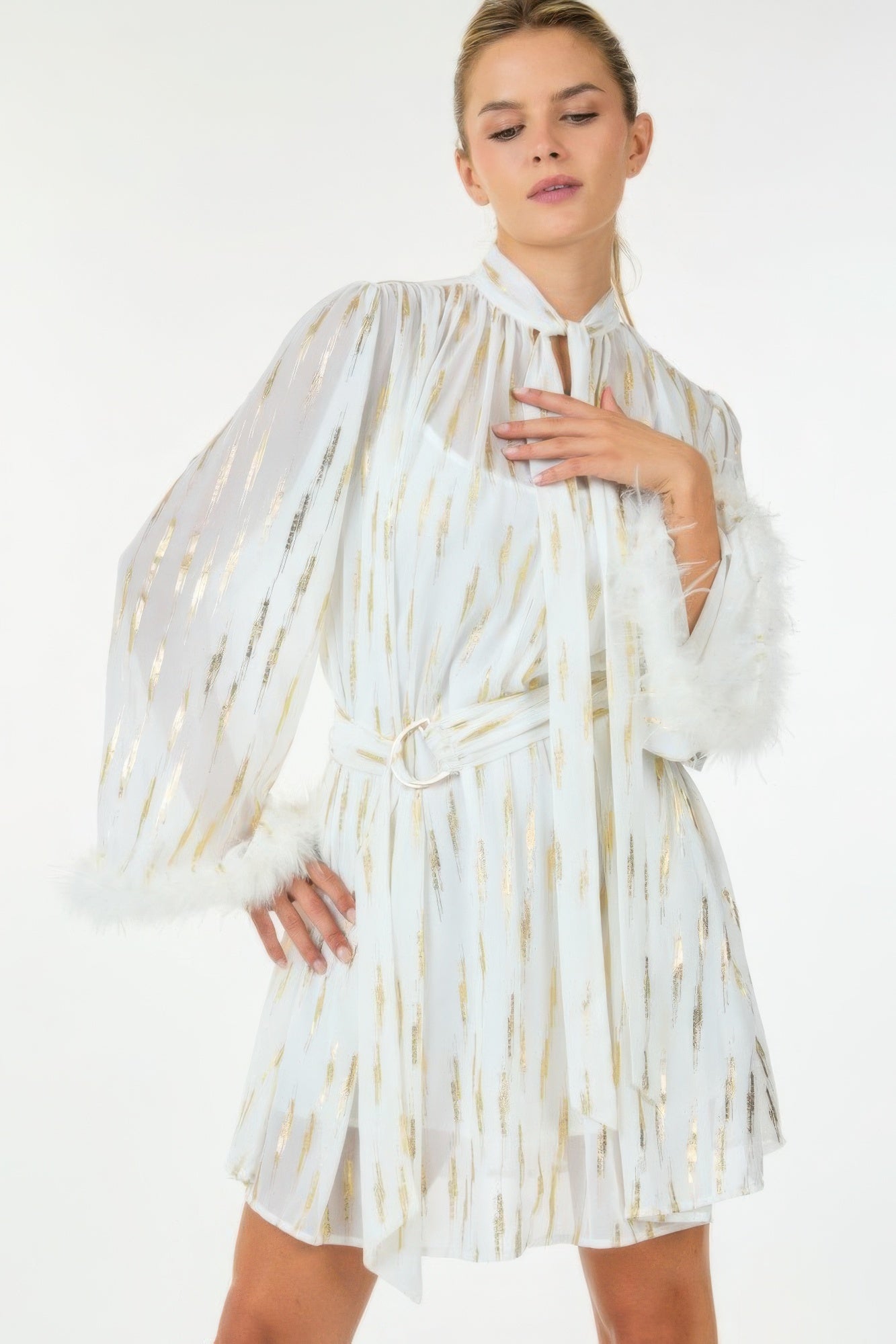 Boa Cuff Metallic Print Waist Belt Mini Dress