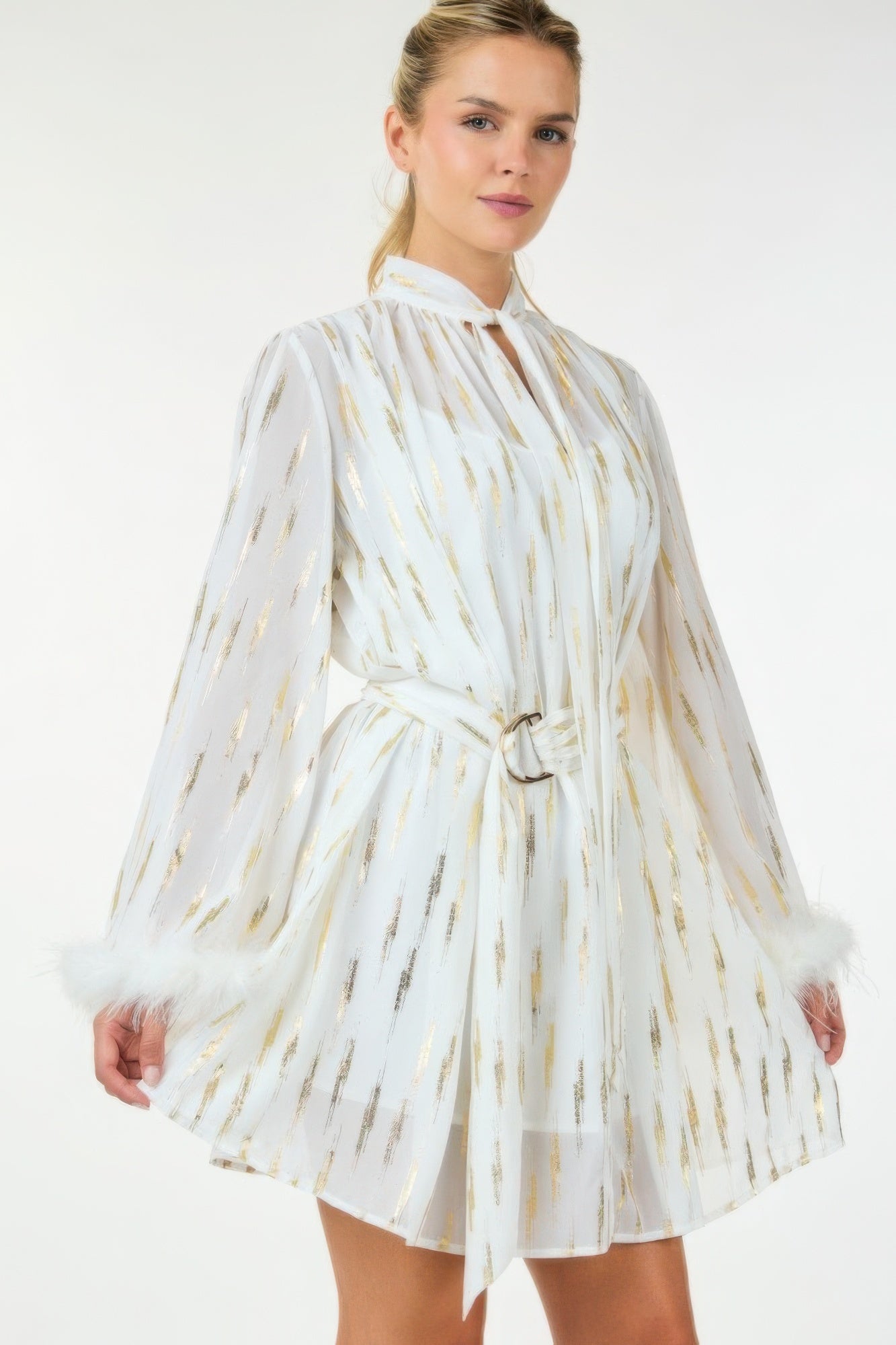 Boa Cuff Metallic Print Waist Belt Mini Dress