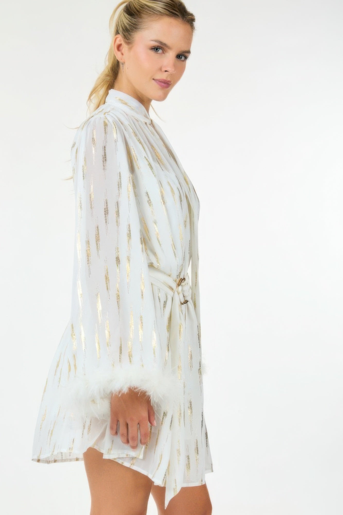 Boa Cuff Metallic Print Waist Belt Mini Dress