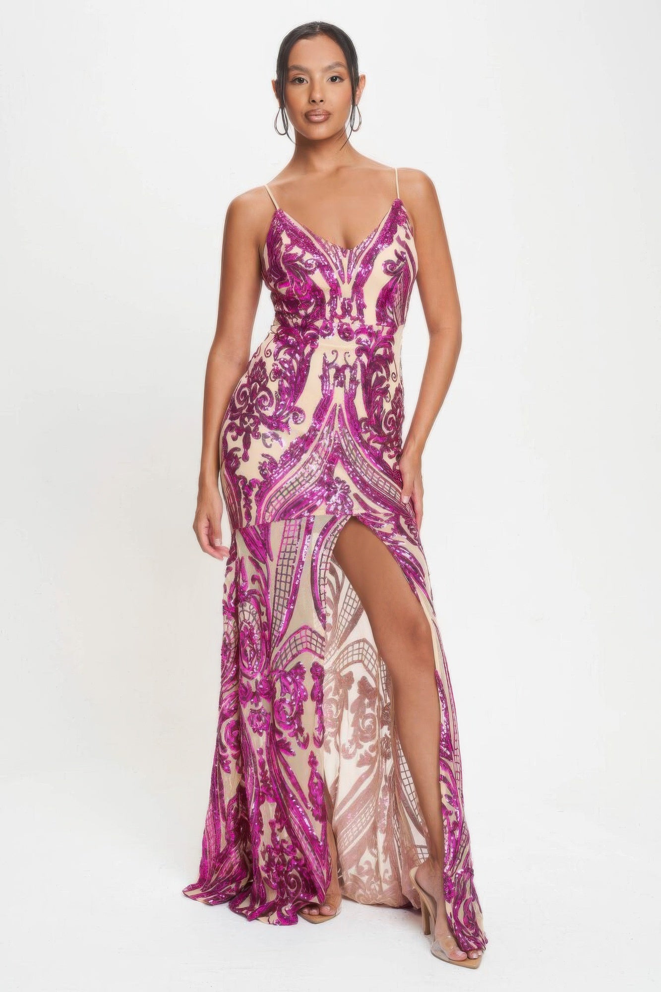 Fuchsia Spaghetti Strap Art Deco Sequins Maxi Dress