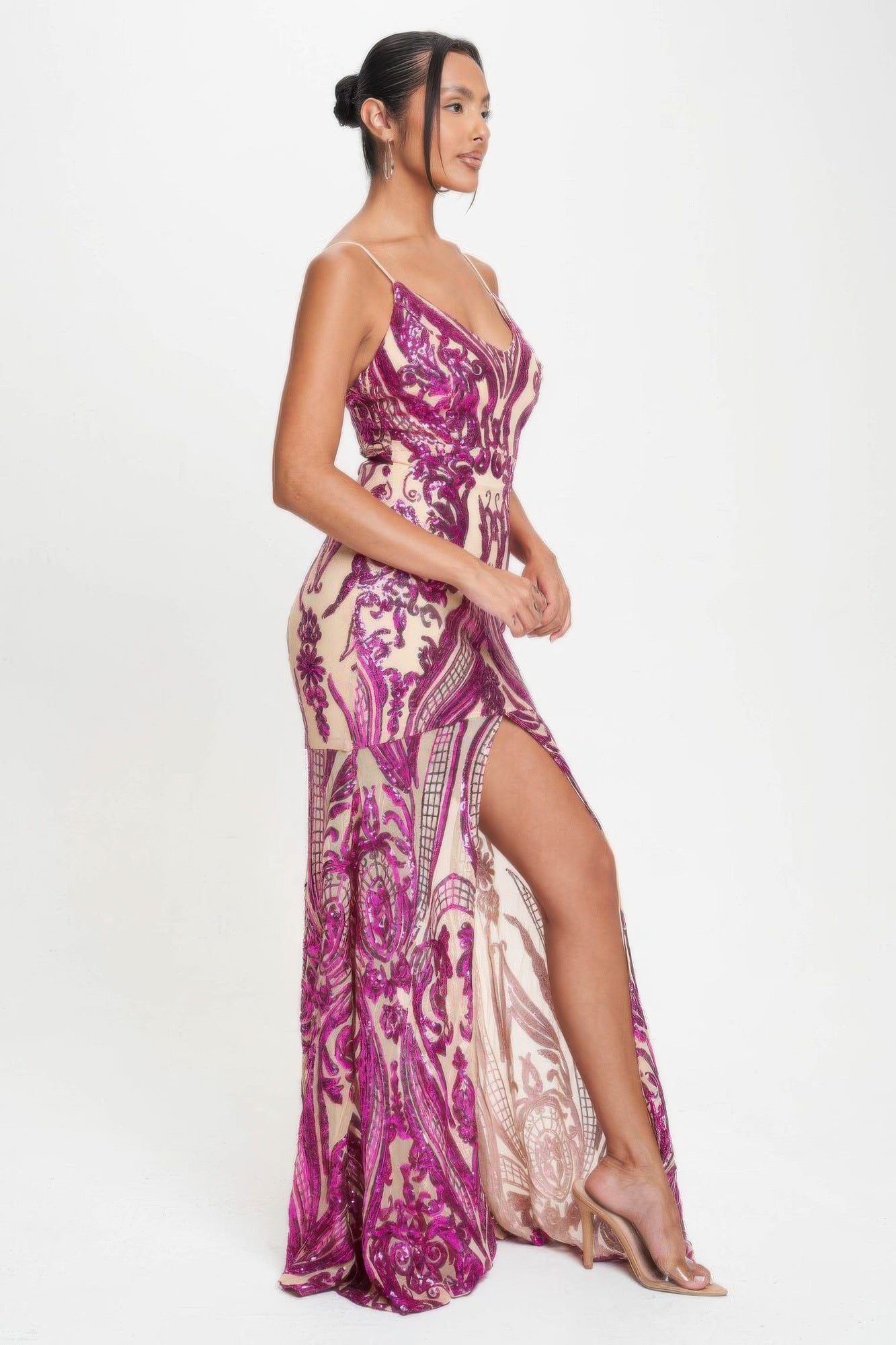 Fuchsia Spaghetti Strap Art Deco Sequins Maxi Dress