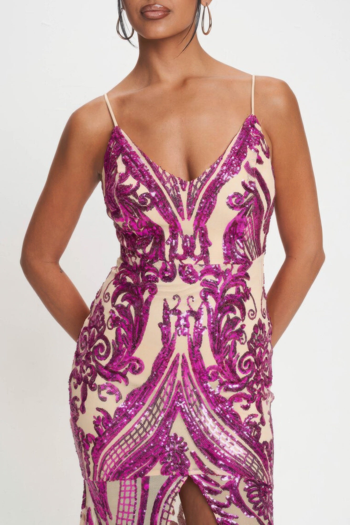 Fuchsia Spaghetti Strap Art Deco Sequins Maxi Dress