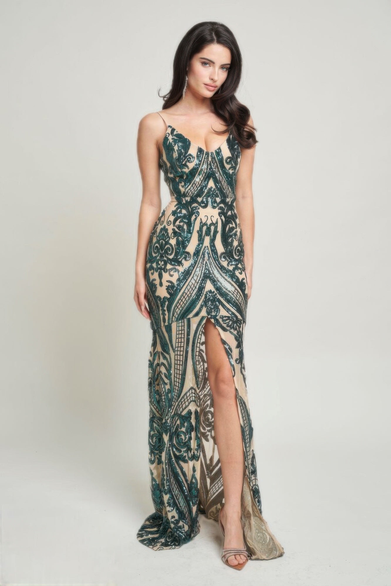Hunter Green Spaghetti Strap Art Deco Sequins Maxi Dress
