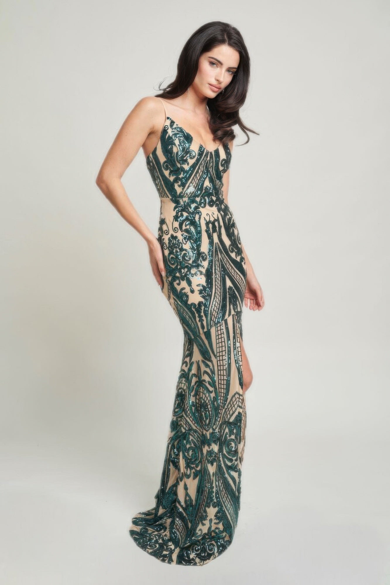 Hunter Green Spaghetti Strap Art Deco Sequins Maxi Dress