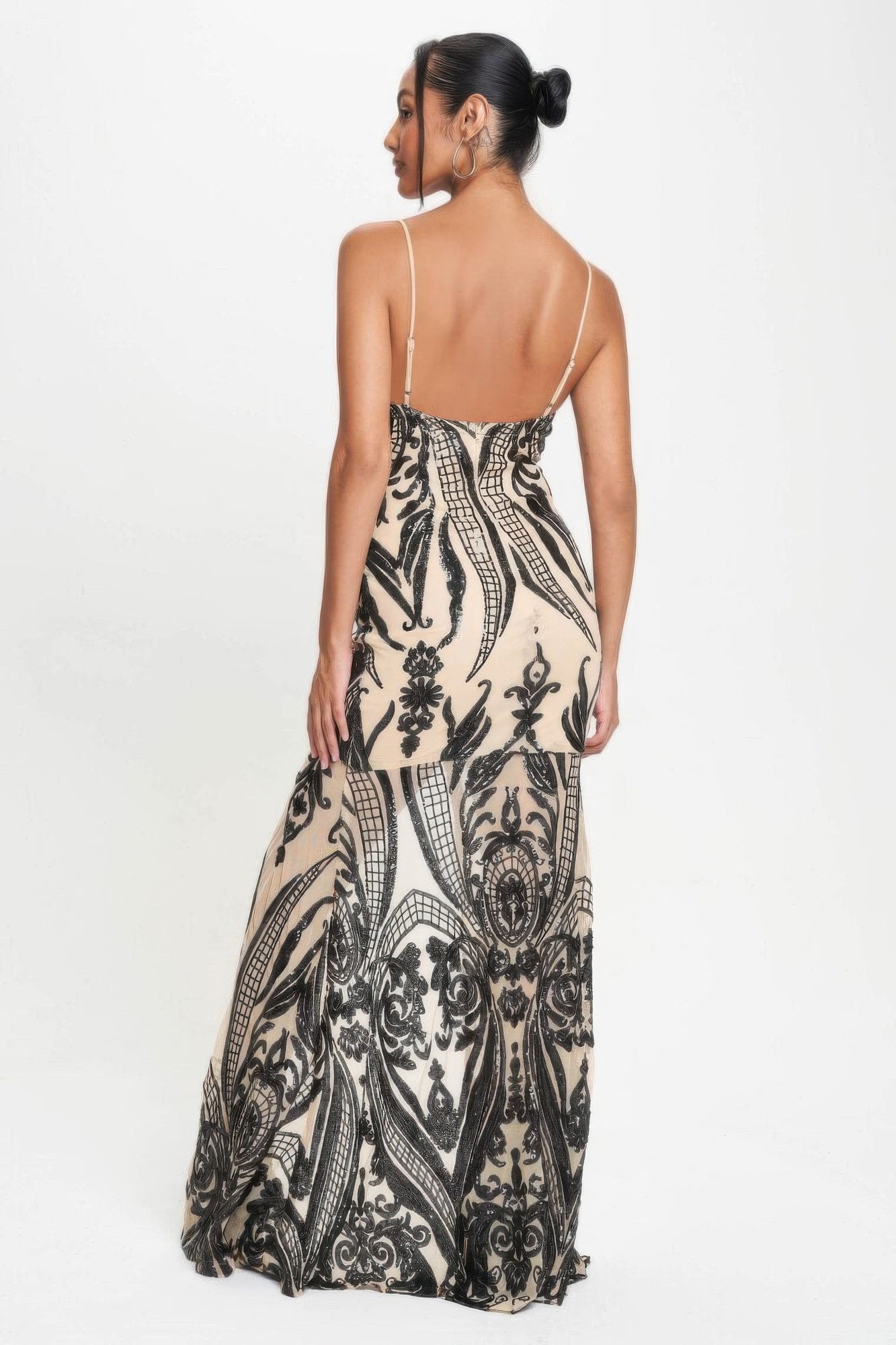 Black Spaghetti Strap Art Deco Sequins Maxi Dress