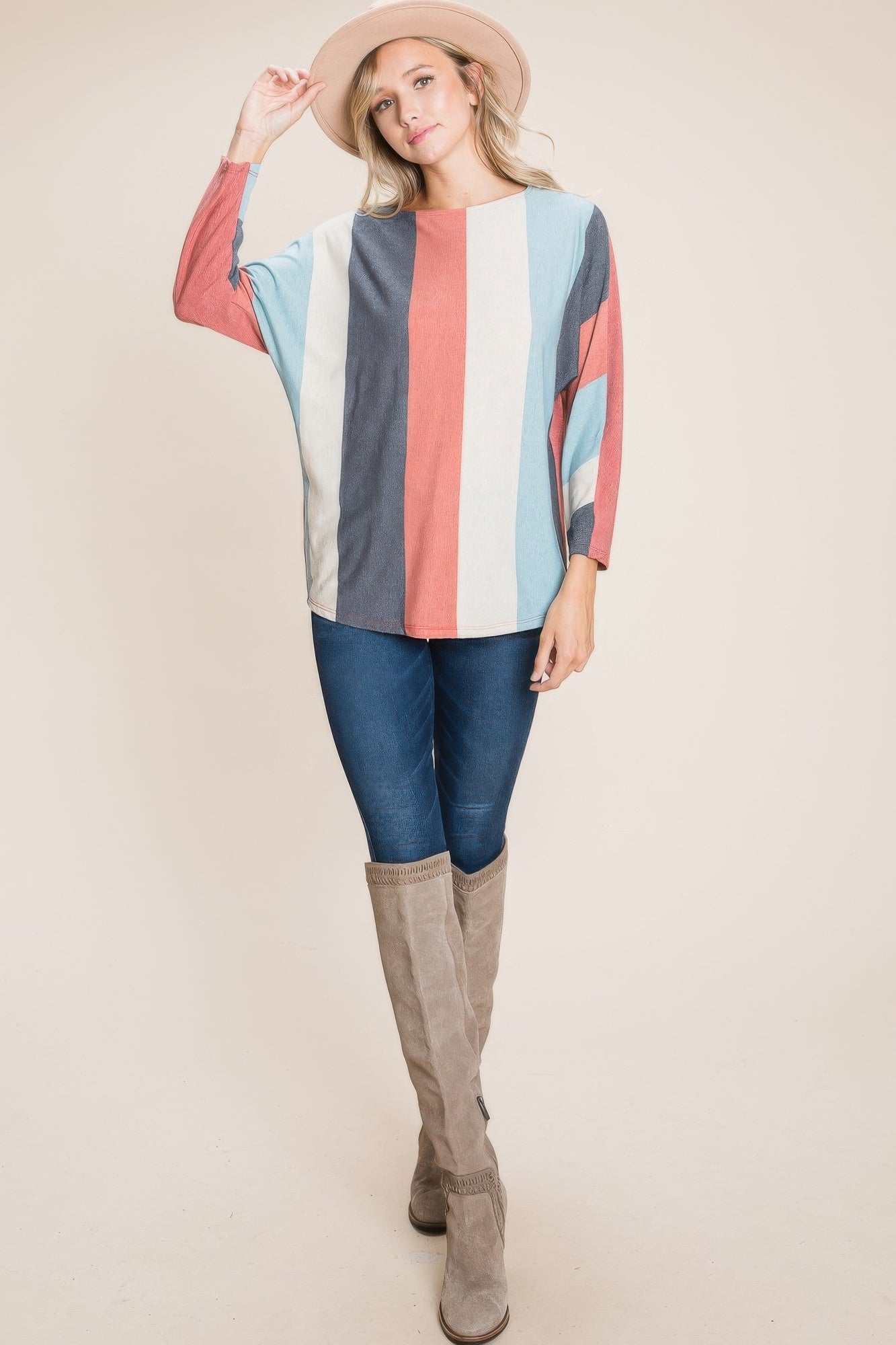 Striped Long Dolman Sleeves Casual Top