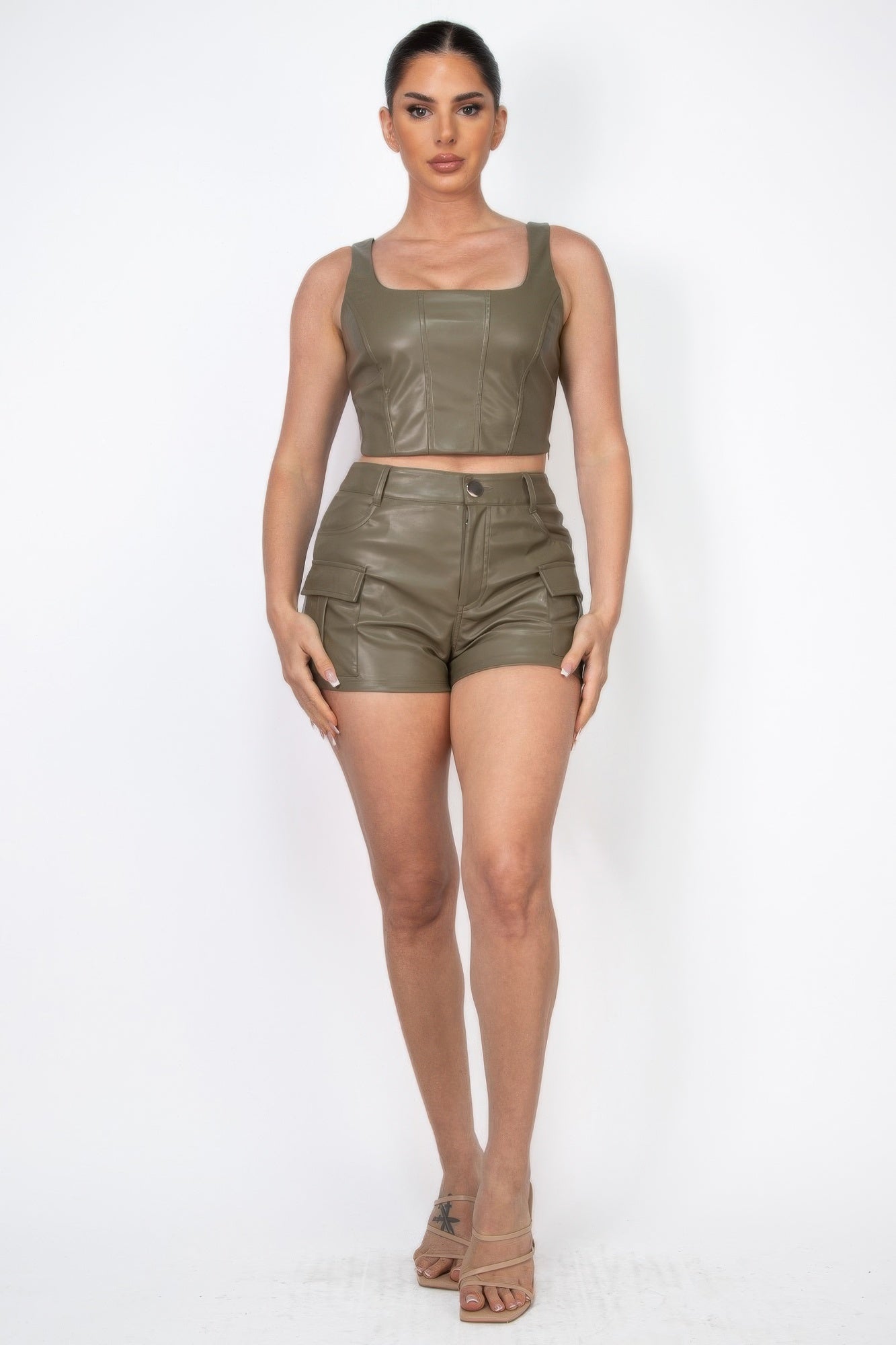 Women's Faux Leather Cargo Mini Shorts - Edgy High Waist Utility Shorts