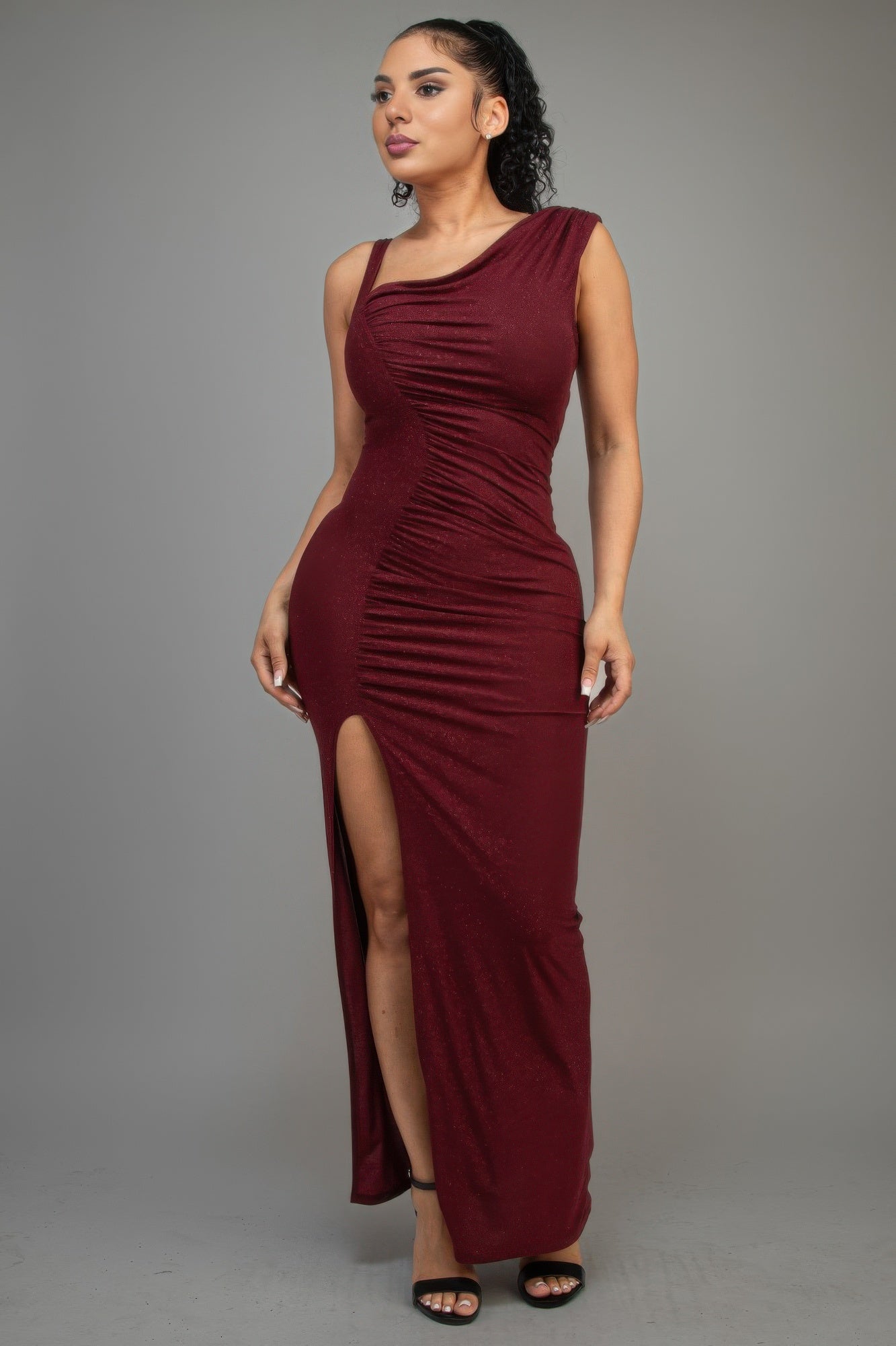 Asymmetric Strap Elegant Glitter Slitted Maxi Dress - Fashions Envy