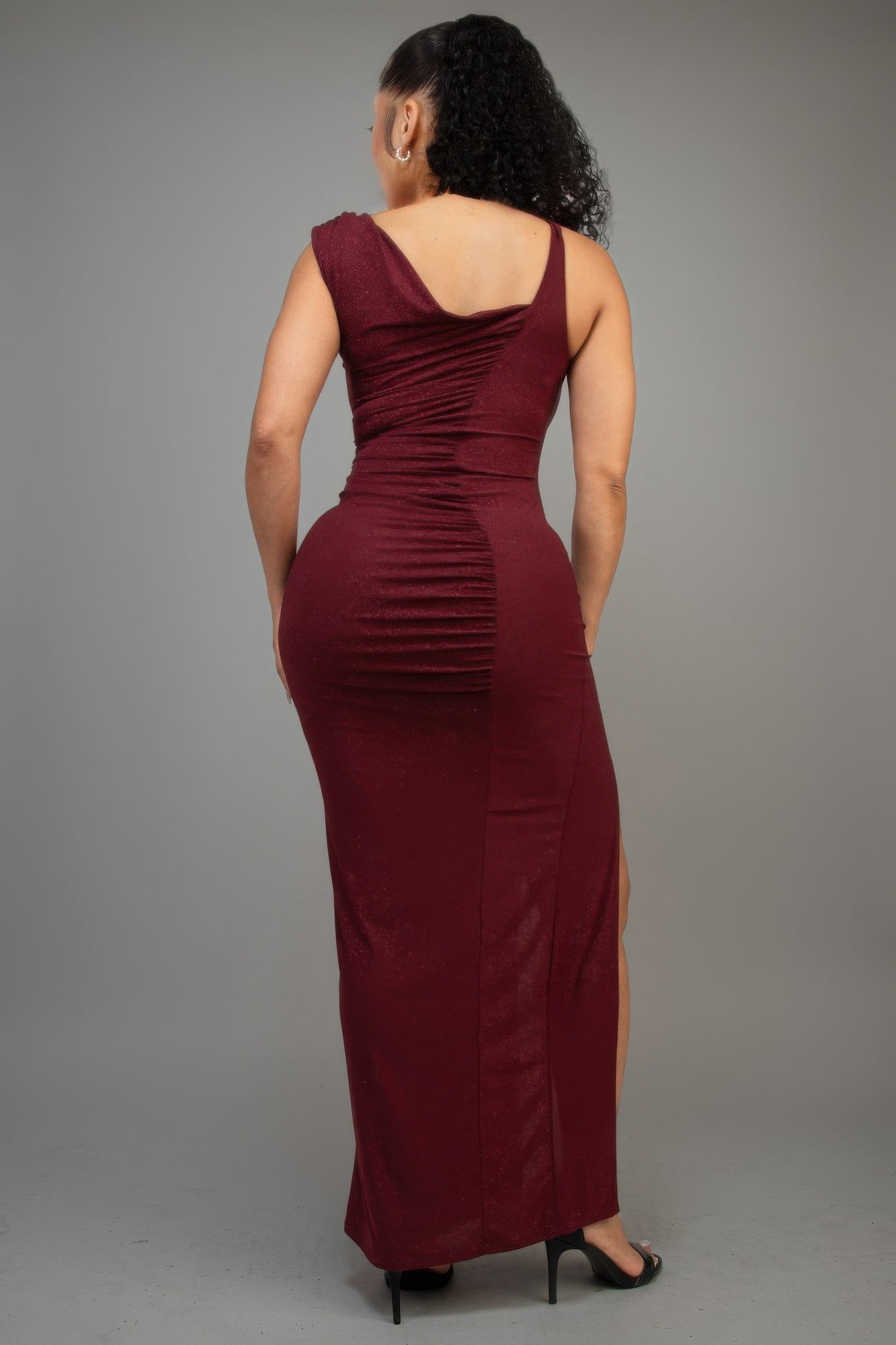 Asymmetric Strap Elegant Glitter Slitted Maxi Dress - Fashions Envy