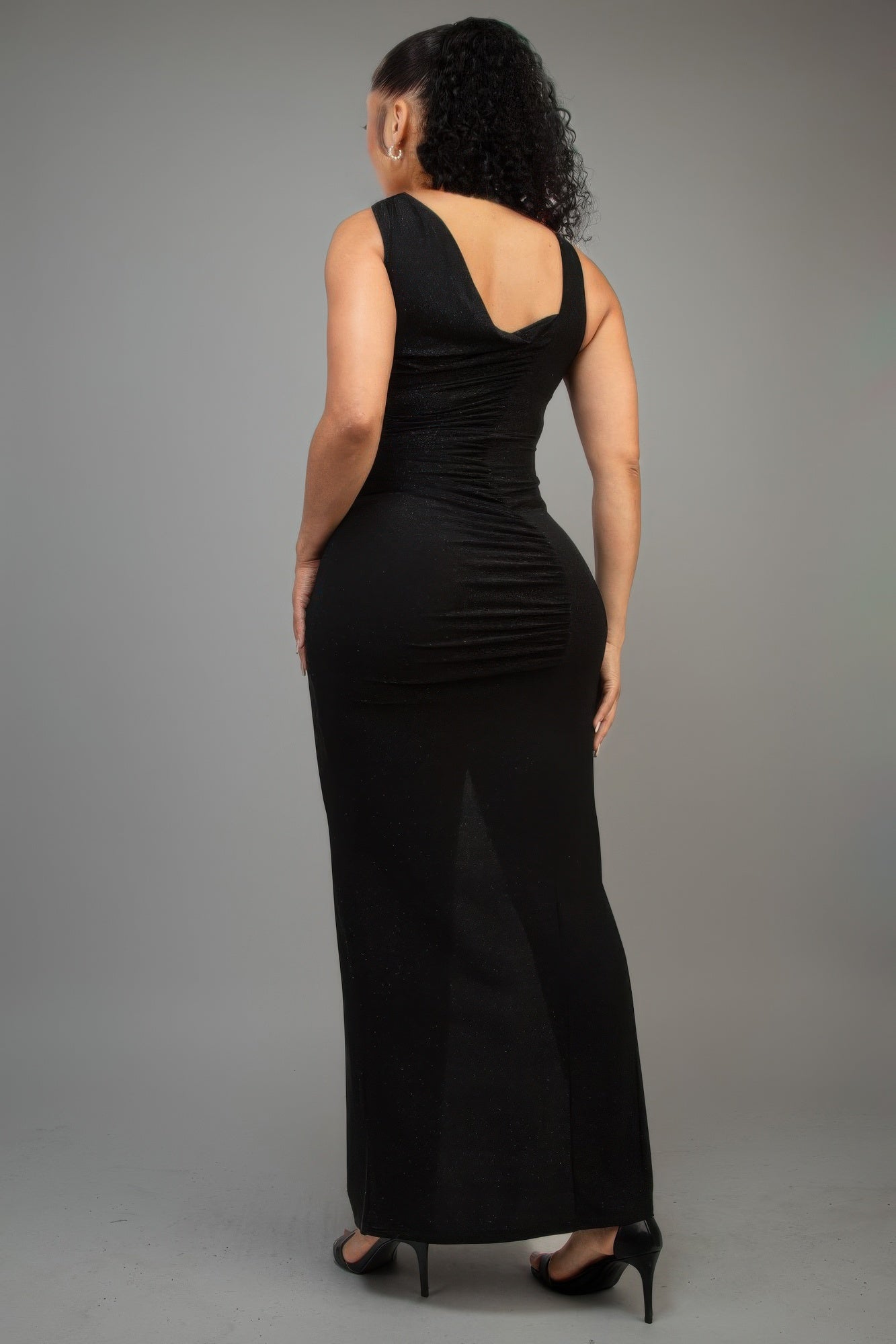 Asymmetric Strap Elegant Glitter Slitted Maxi Dress - Fashions Envy