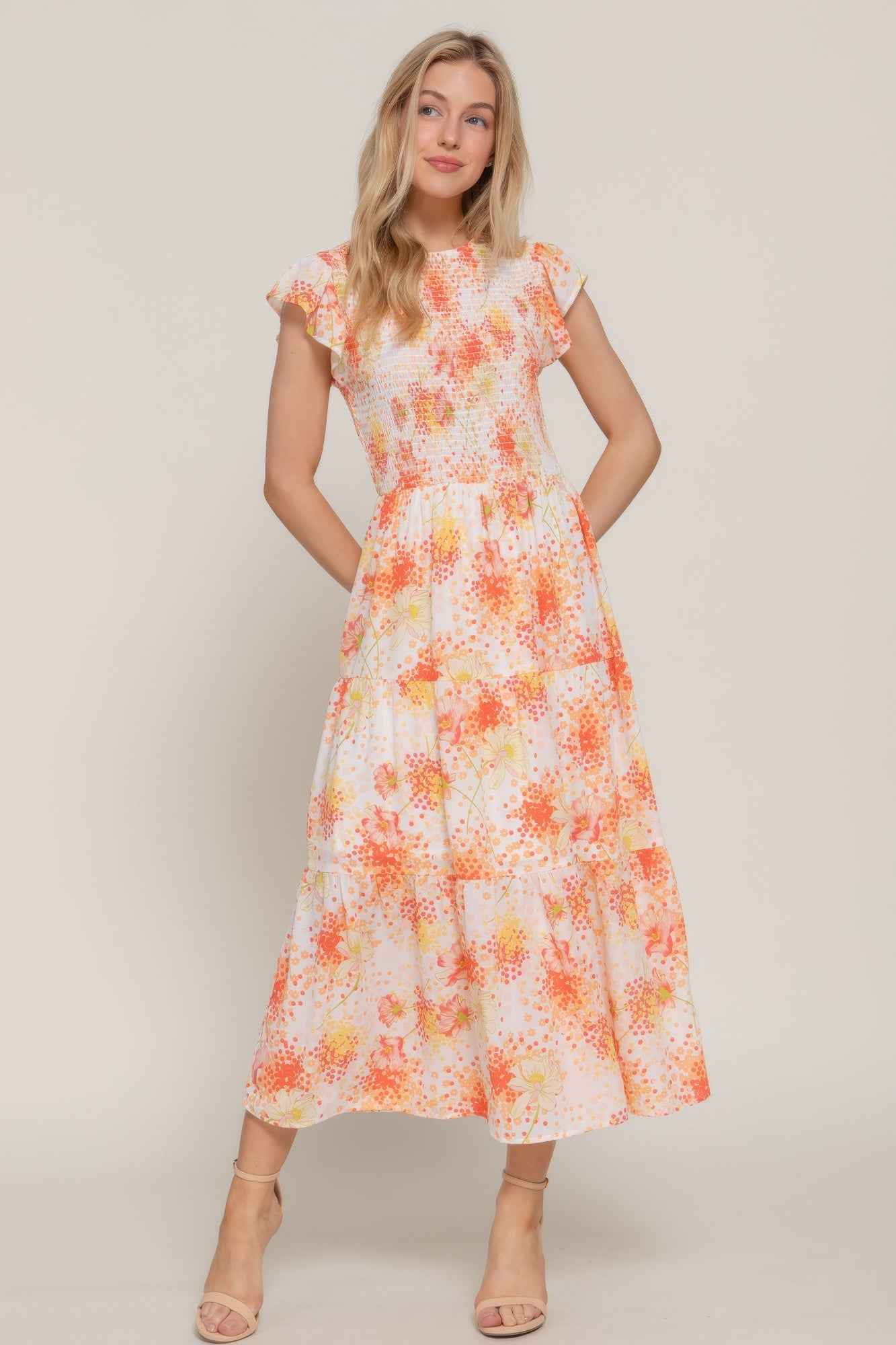 Ruffle Sleeve Midi Dress - Smocked Floral Tiered Skirt