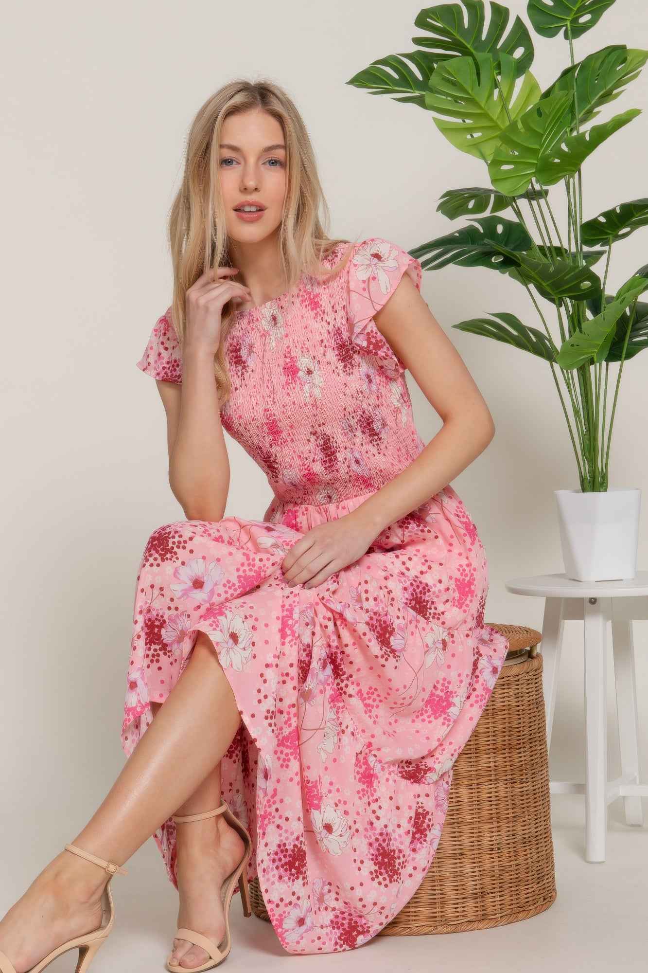 Ruffle Sleeve Midi Dress - Smocked Floral Tiered Skirt