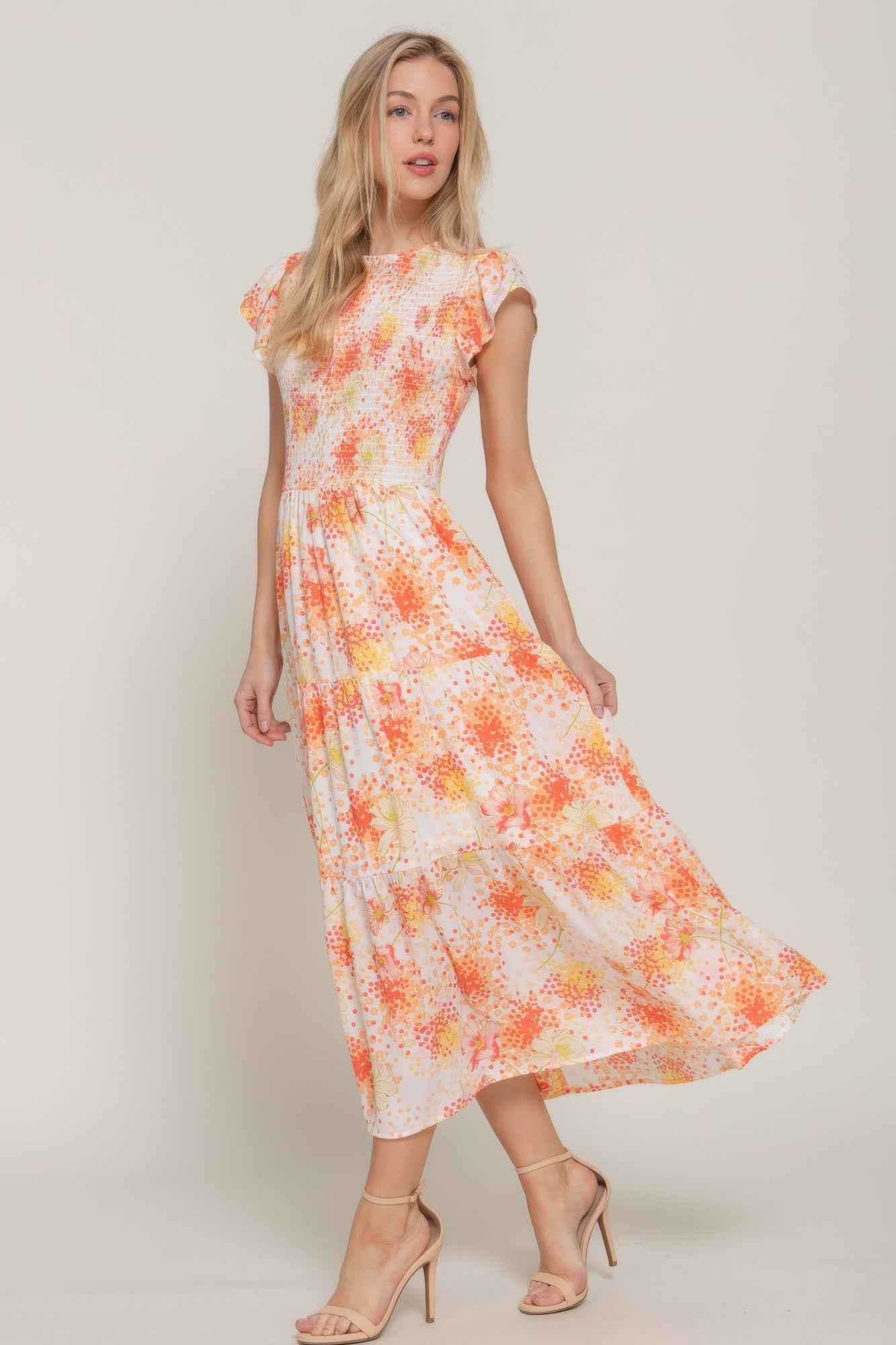 Ruffle Sleeve Midi Dress - Smocked Floral Tiered Skirt