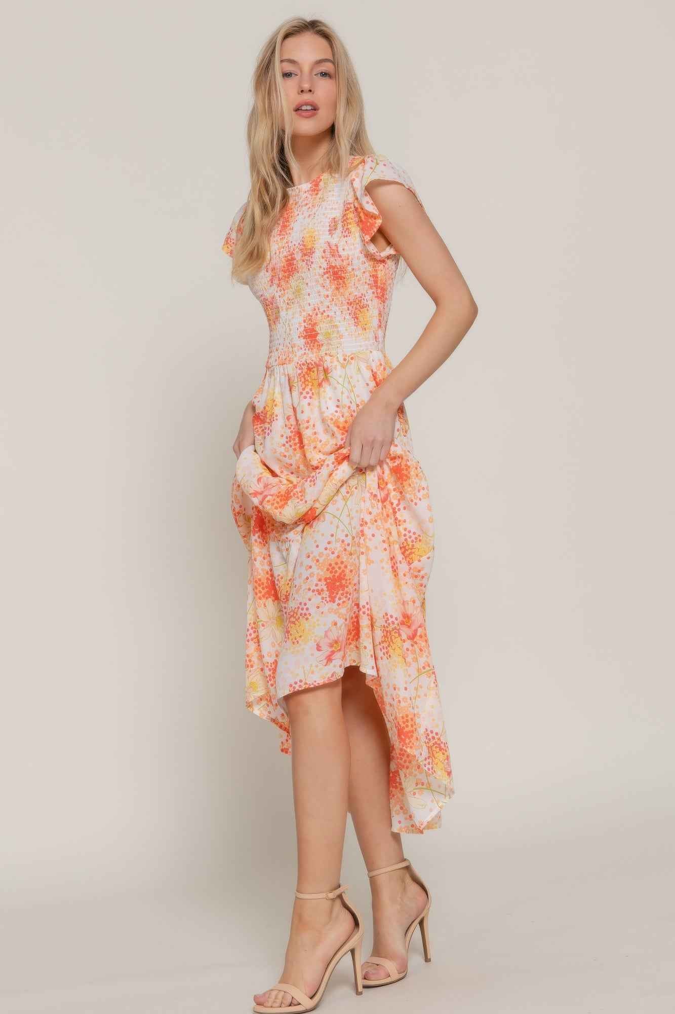 Ruffle Sleeve Midi Dress - Smocked Floral Tiered Skirt