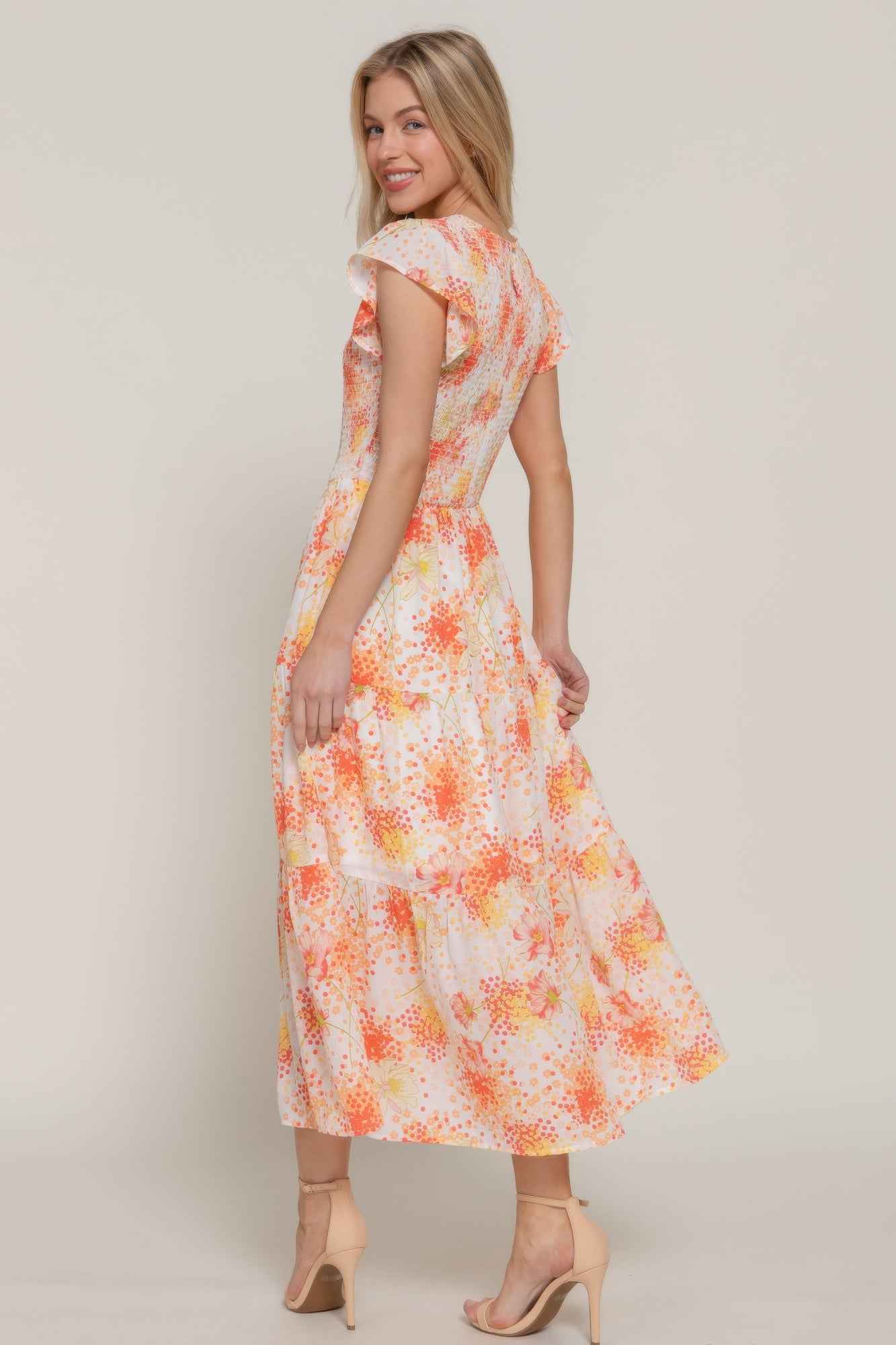 Ruffle Sleeve Midi Dress - Smocked Floral Tiered Skirt