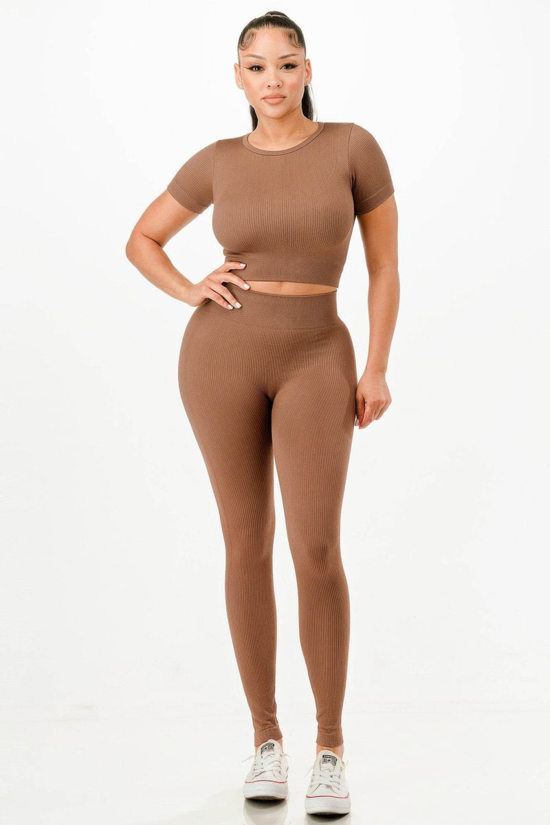 Ribbed Seamless T-shirt And Leggings Set - Fashions Envy