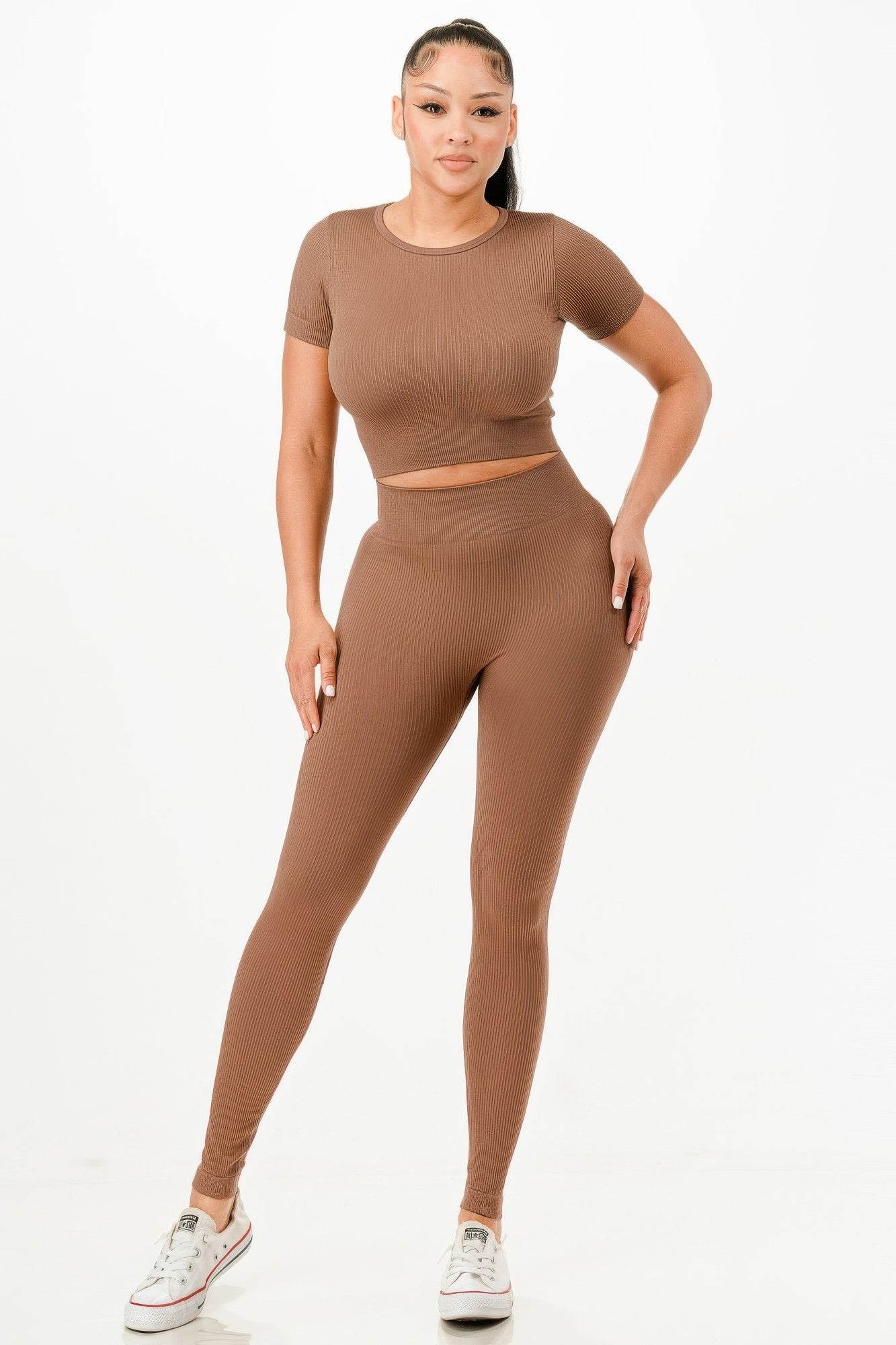 Ribbed Seamless T-shirt And Leggings Set - Fashions Envy