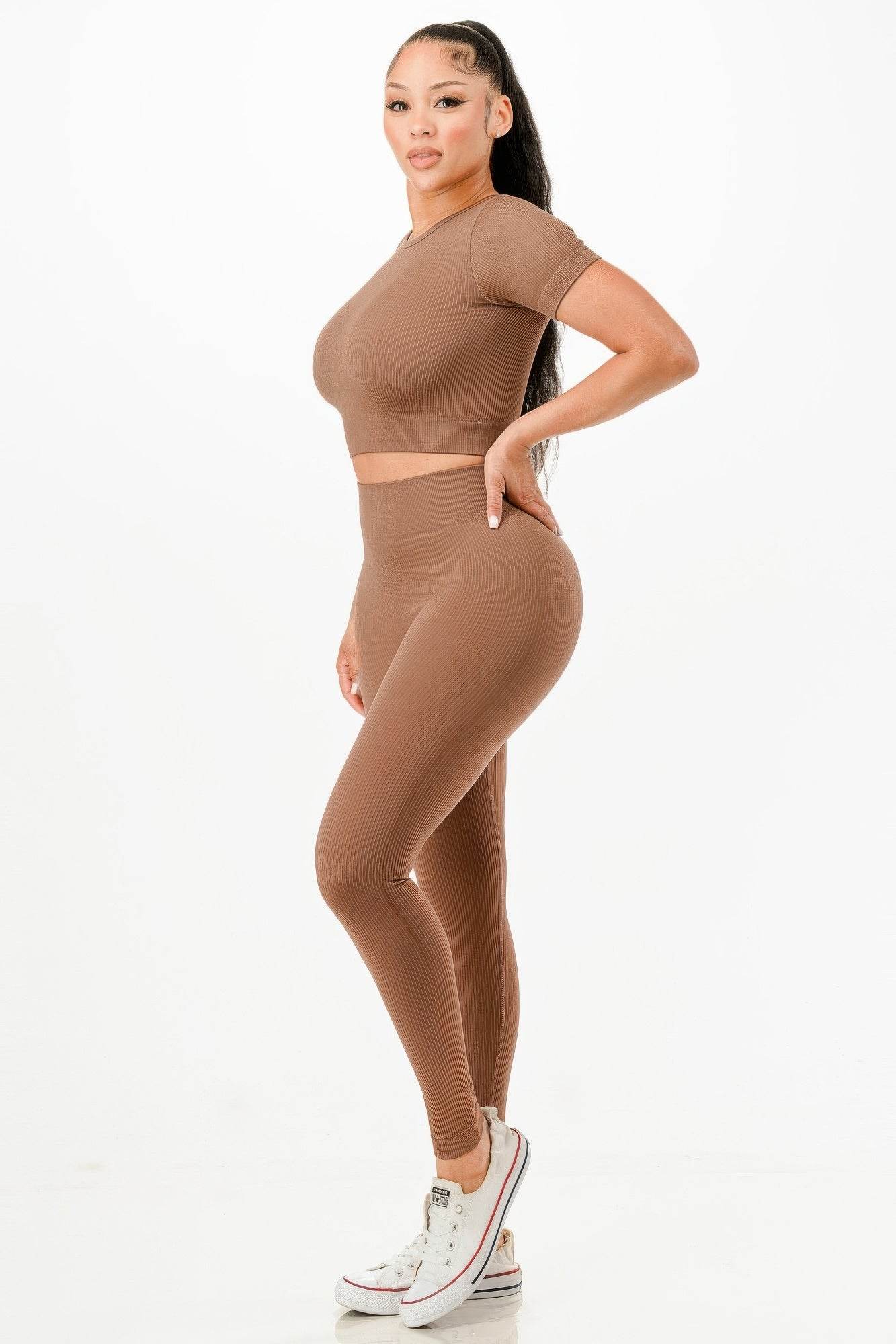 Ribbed Seamless T-shirt And Leggings Set - Fashions Envy