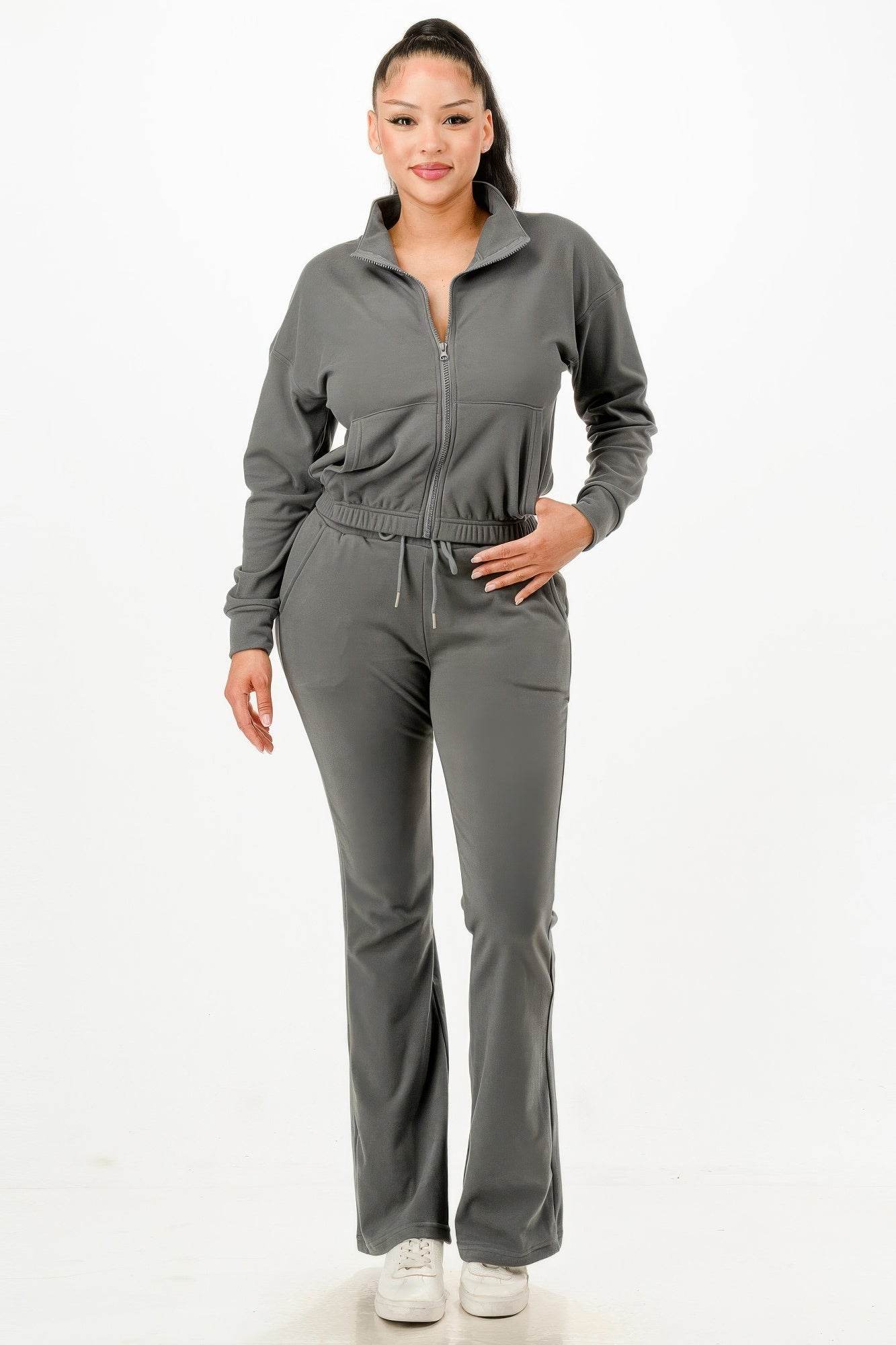Soft Zip-up Flare-Fit Pants Track Suit Set - Fashions Envy