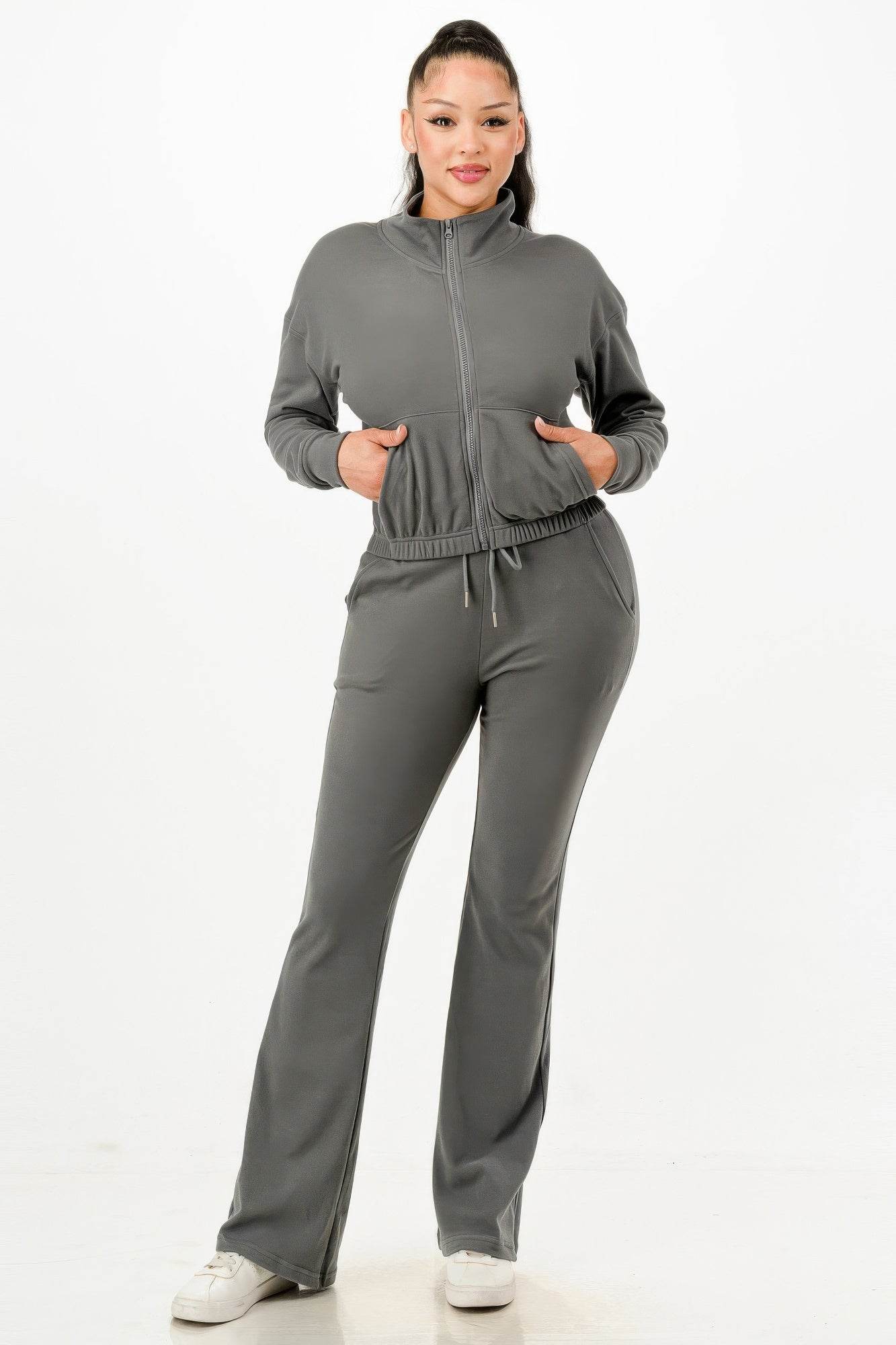 Soft Zip-up Flare-Fit Pants Track Suit Set - Fashions Envy