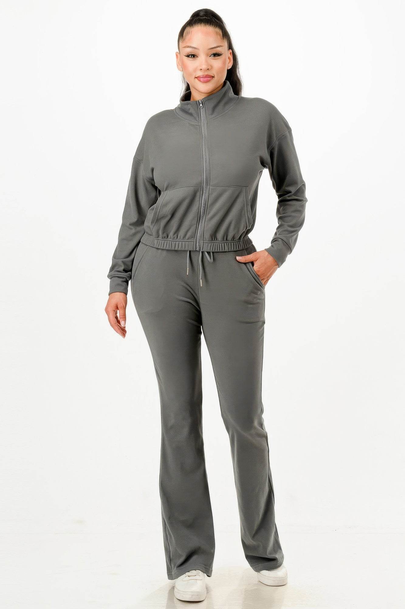 Soft Zip-up Flare-Fit Pants Track Suit Set - Fashions Envy