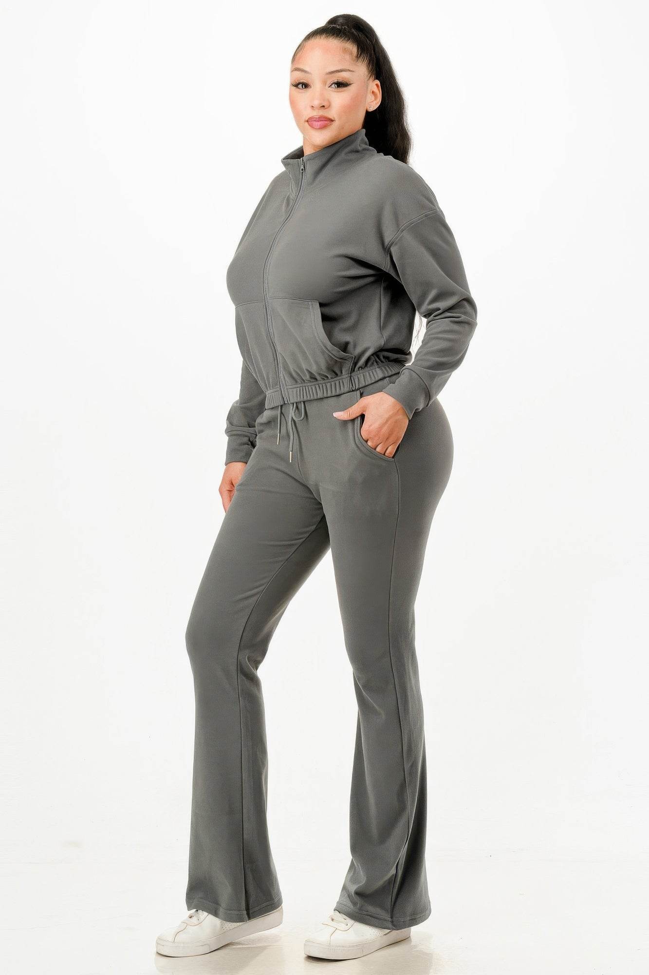 Soft Zip-up Flare-Fit Pants Track Suit Set - Fashions Envy