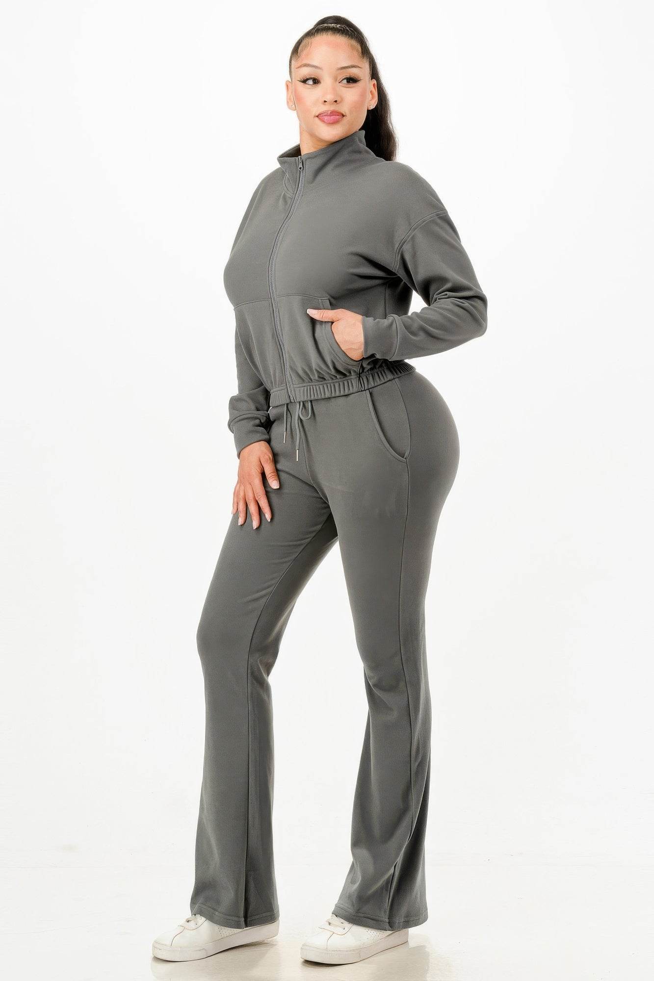 Soft Zip-up Flare-Fit Pants Track Suit Set - Fashions Envy