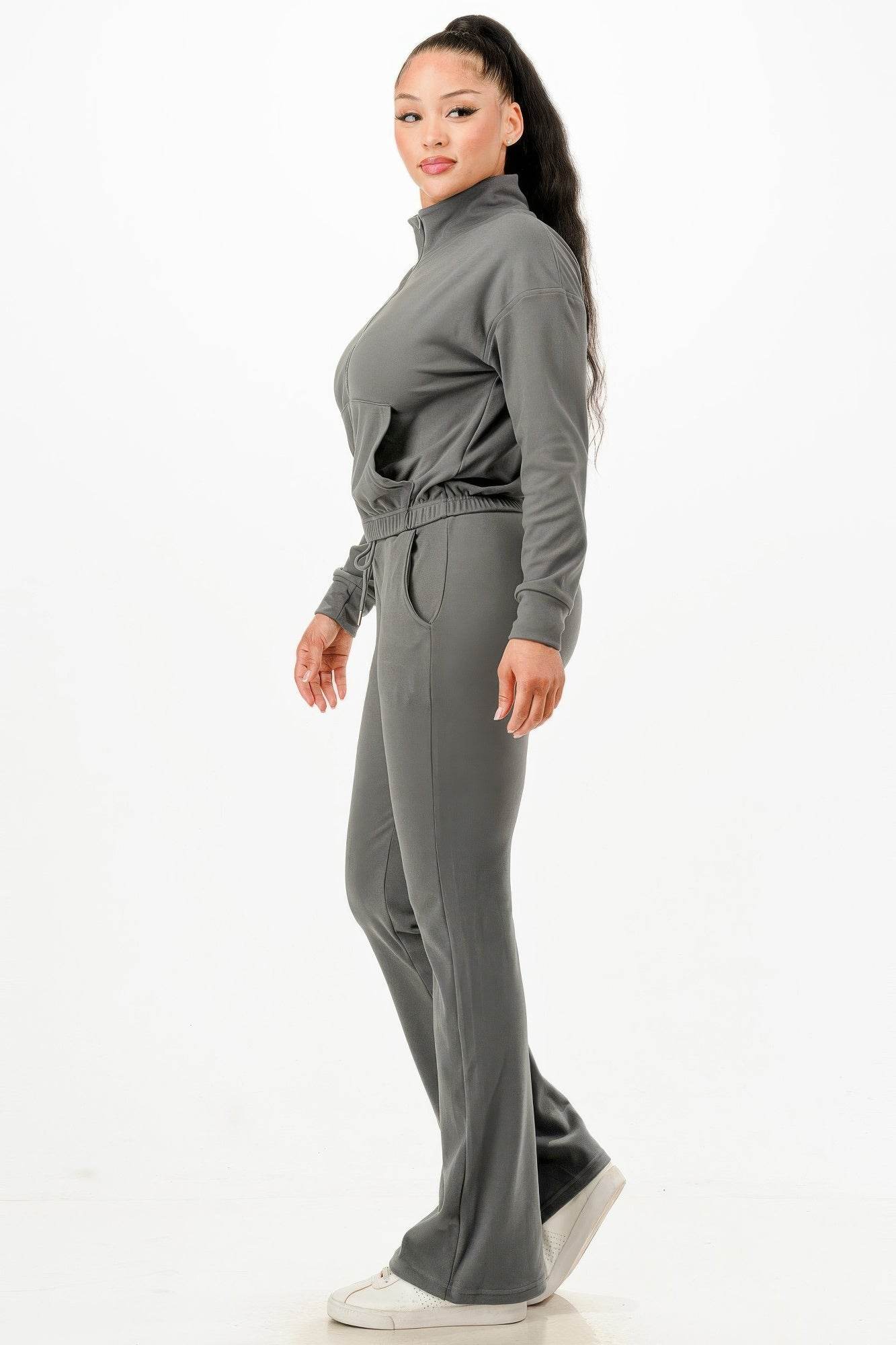 Soft Zip-up Flare-Fit Pants Track Suit Set - Fashions Envy