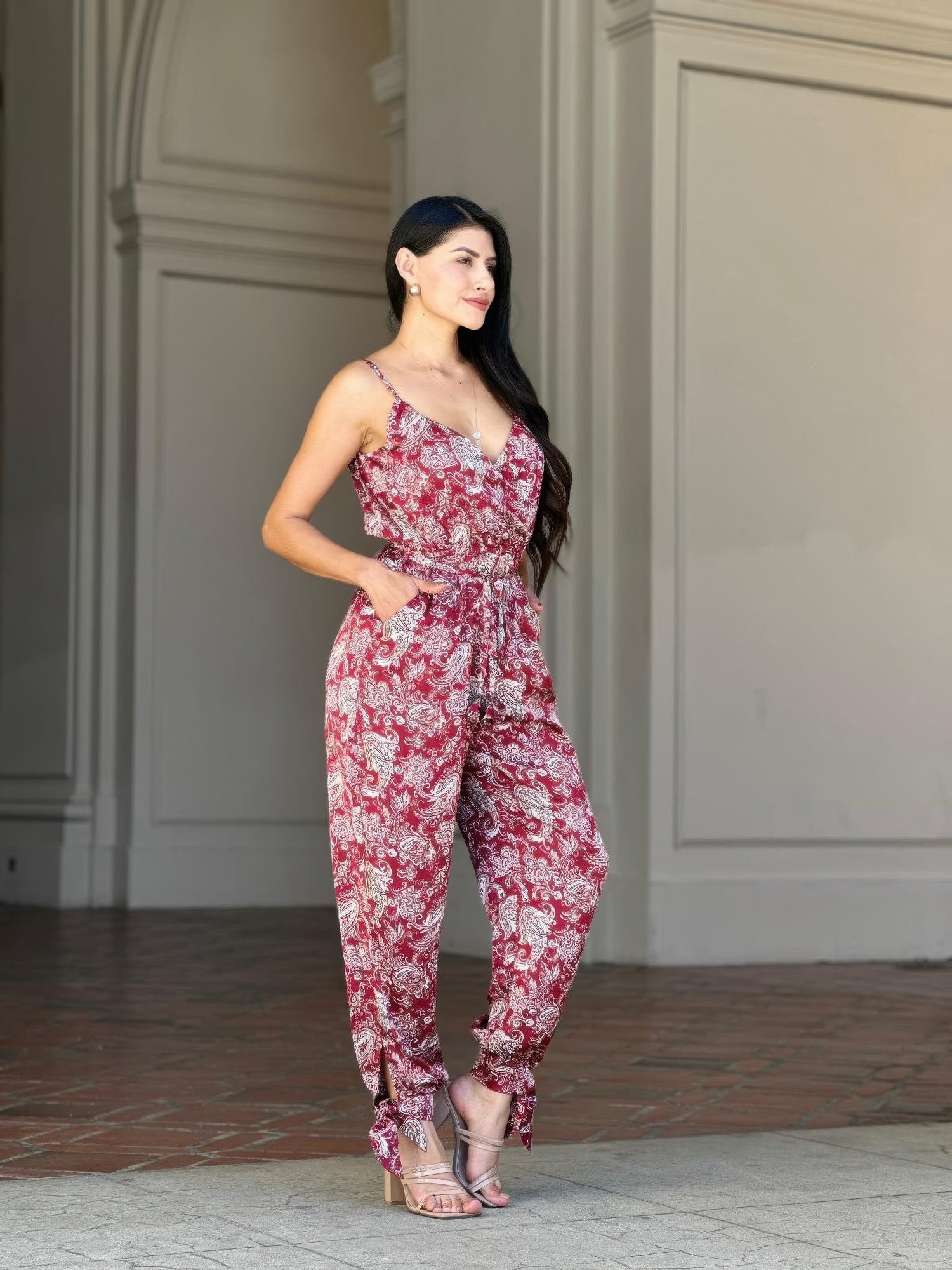 V-Neck Sleeveless Jumpsuit - Paisley Tie Waist & Ankle - Fashions Envy