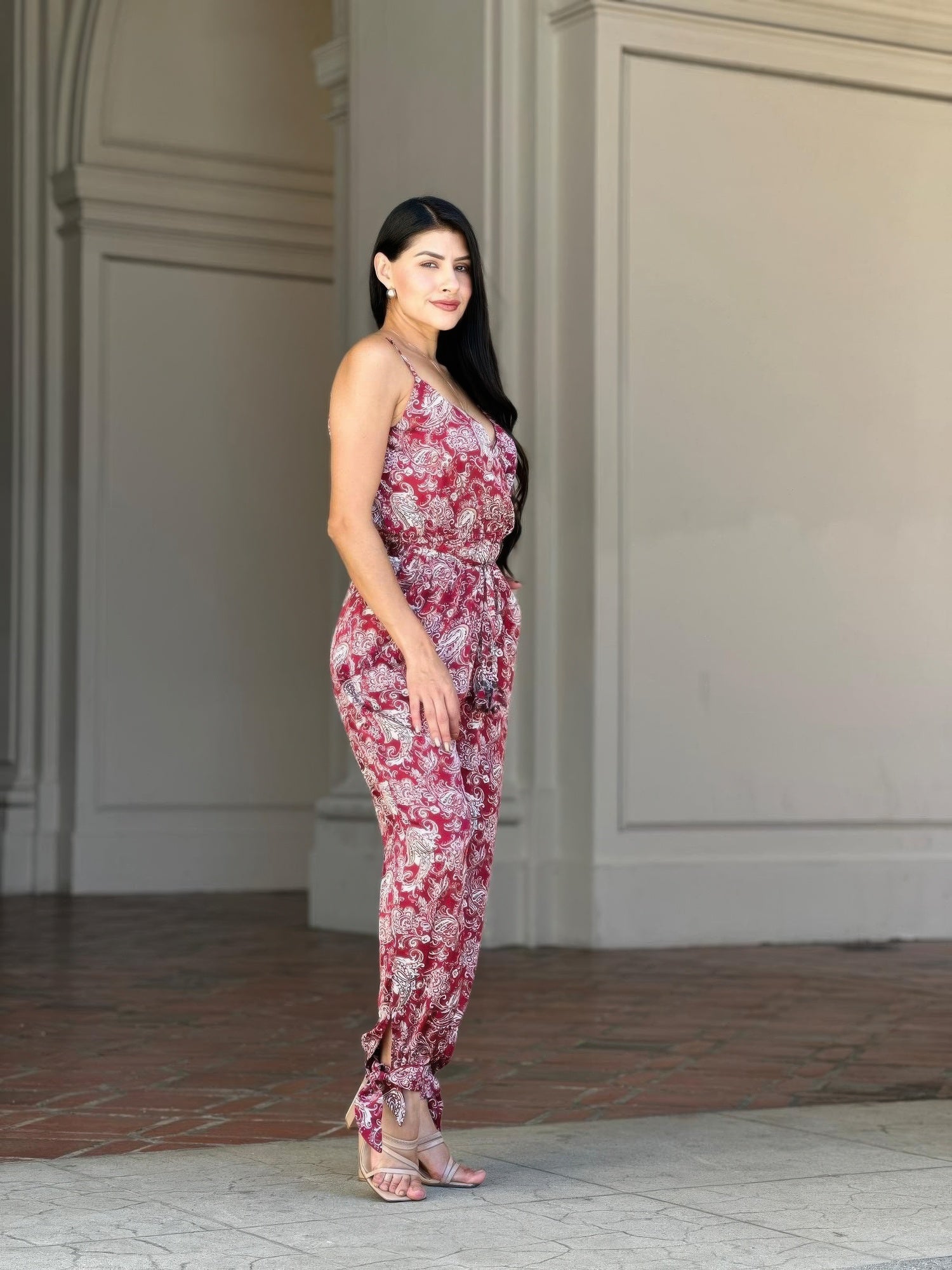 V-Neck Sleeveless Jumpsuit - Paisley Tie Waist & Ankle - Fashions Envy